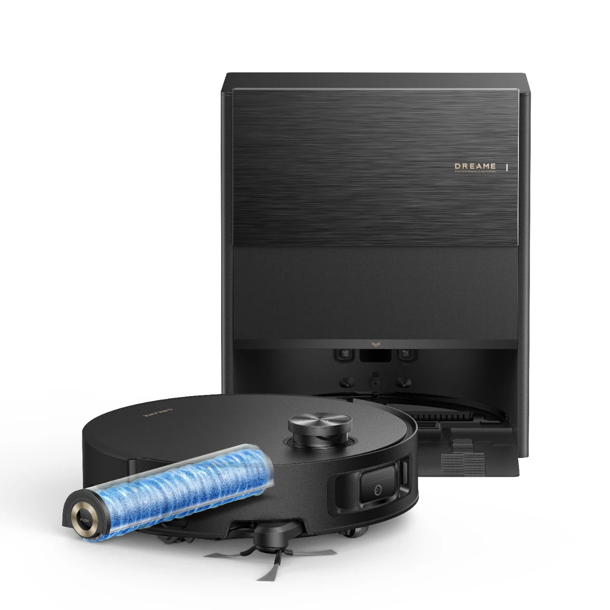 Black Dreame Aqua10 Roller AE robot vacuum with matching RCHE0433 station, shown in a manufacturer render.