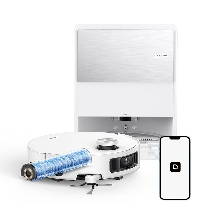 White Dreame Aqua10 Roller RLH31CE robot vacuum with matching RCHE0403 station in an official manufacturer render; an illustrative app phone graphic is not package evidence.