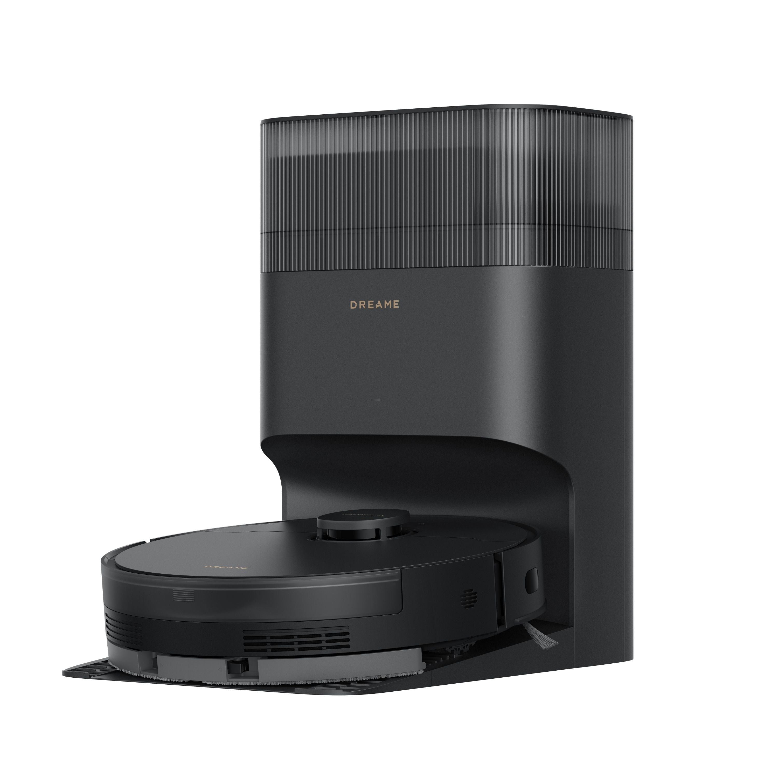 Black Dreame D20 Plus robot vacuum and matching dust-empty base in an official manufacturer render.