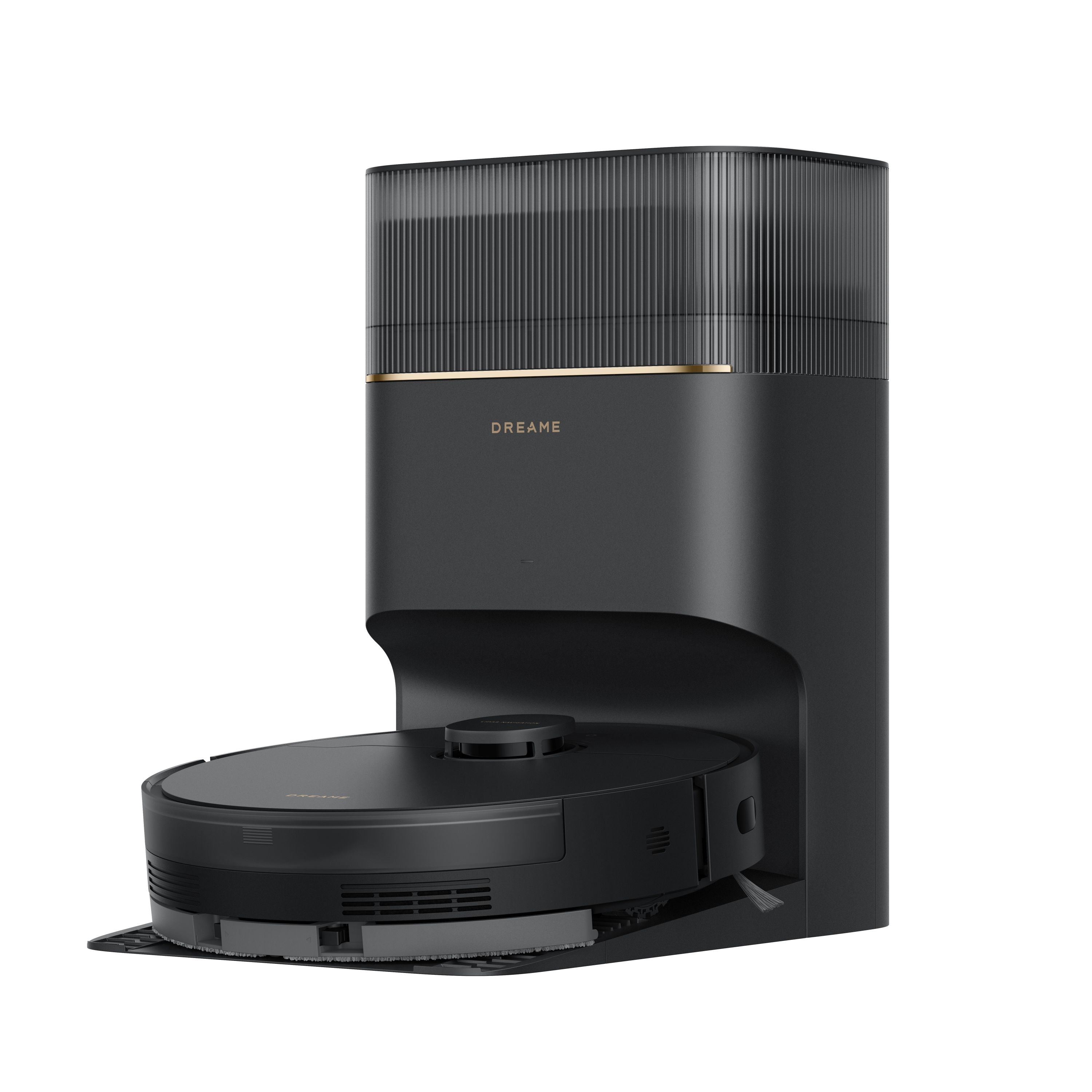 Black Dreame D20 Pro Plus robot vacuum and matching dust-empty base in an official manufacturer render.