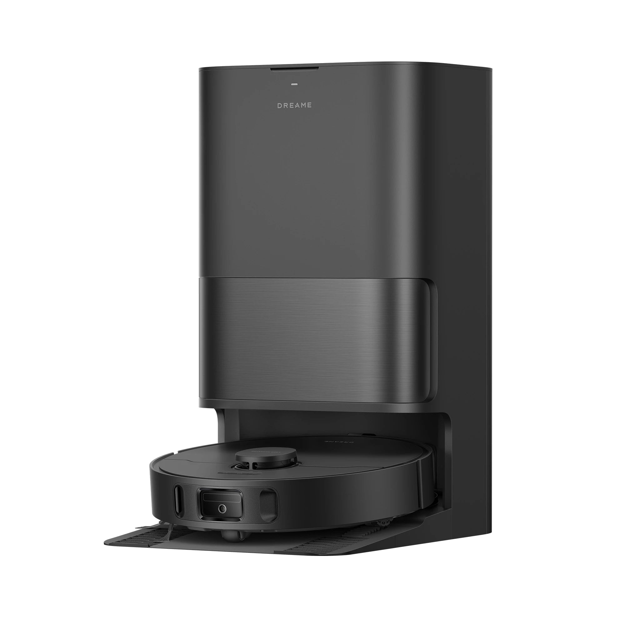 Official Dreame D30 Ultra black robot vacuum with its matching PowerDock, shown in a studio render.