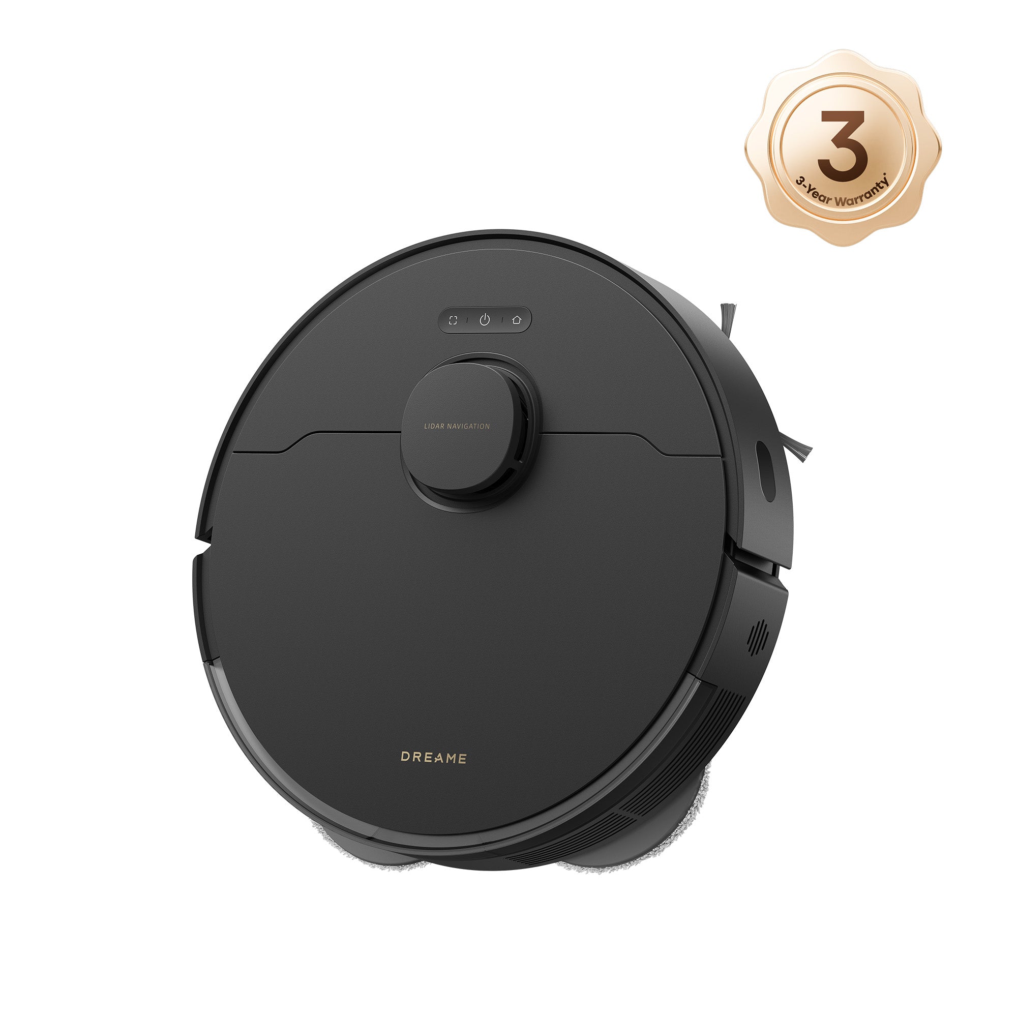 Black Dreame L10s Pro Gen 2 robot vacuum with a three-year-warranty badge on a white studio background; no dock is shown.