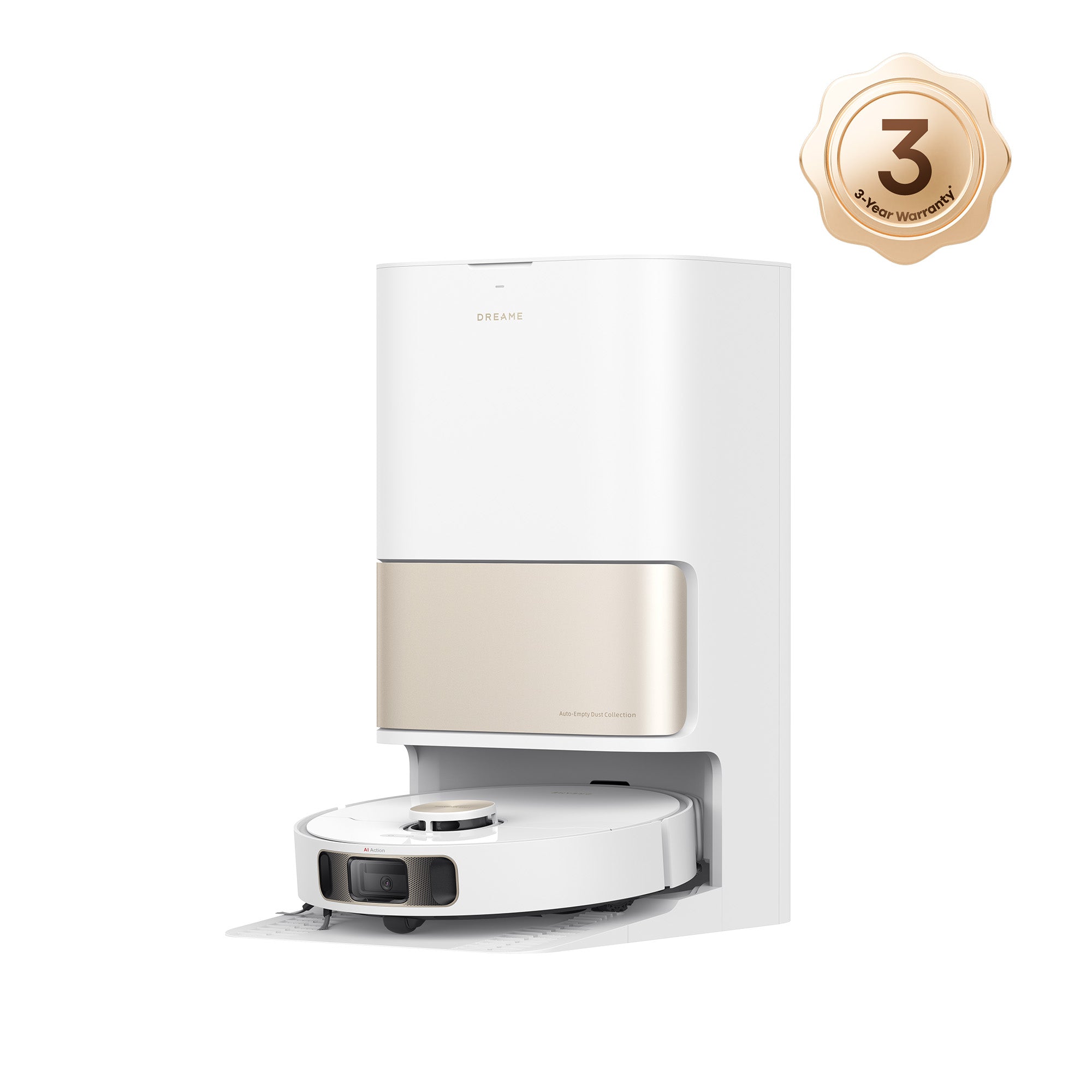 White Dreame L10s Pro Ultra robot vacuum with its white-and-gold mop-care station in a staged U.S. manufacturer render.