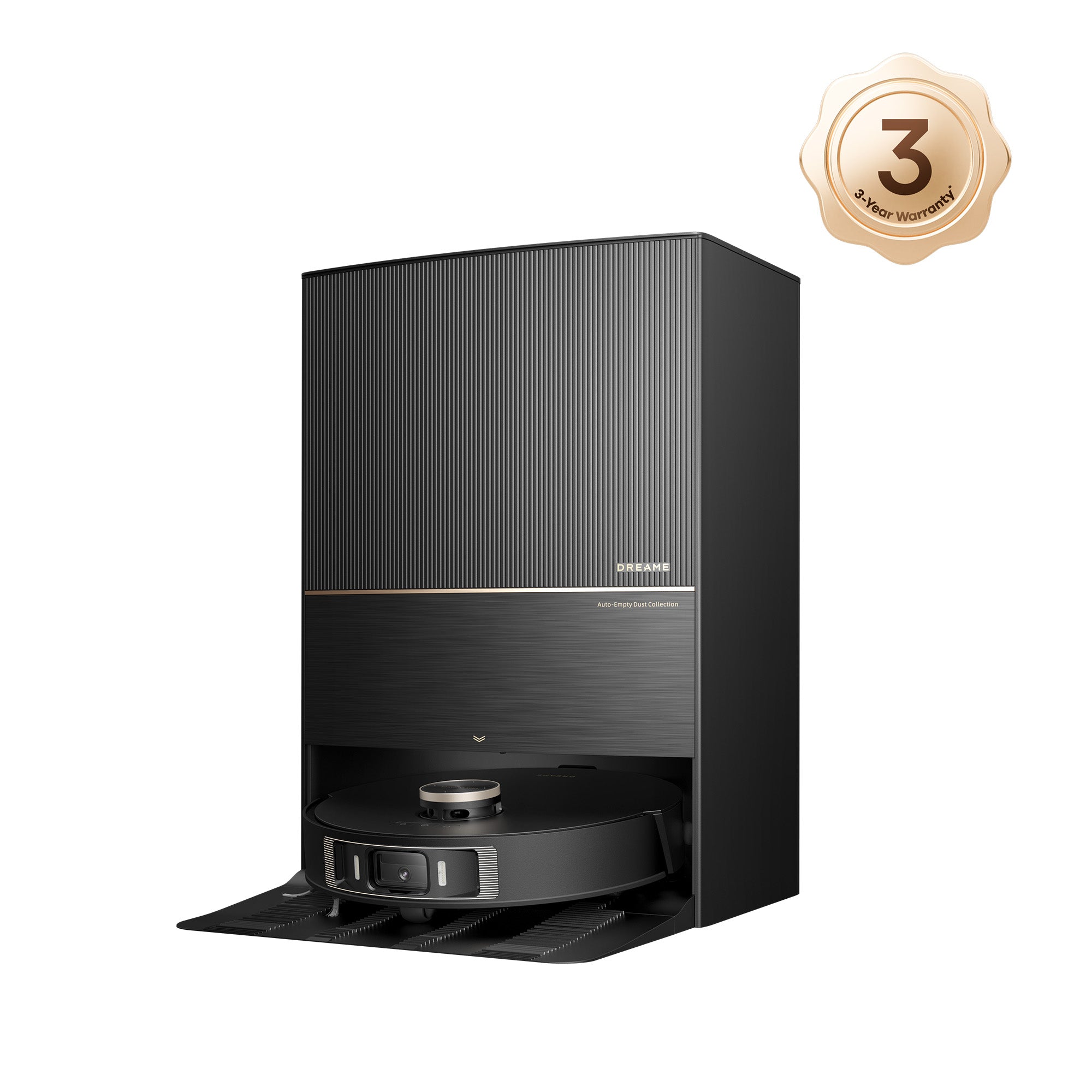 Black Dreame L20 Ultra robot vacuum with matching RCXE2 base station, shown in a manufacturer render.