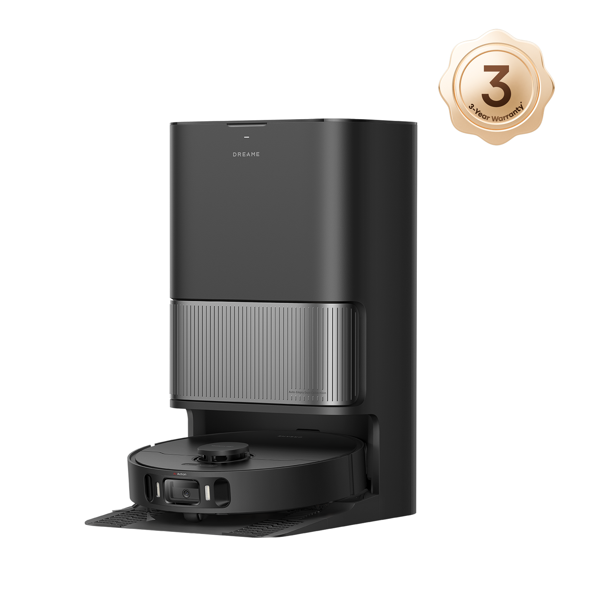 Black Dreame L40s Ultra AE robot vacuum with matching black base in a clean-background manufacturer studio render.