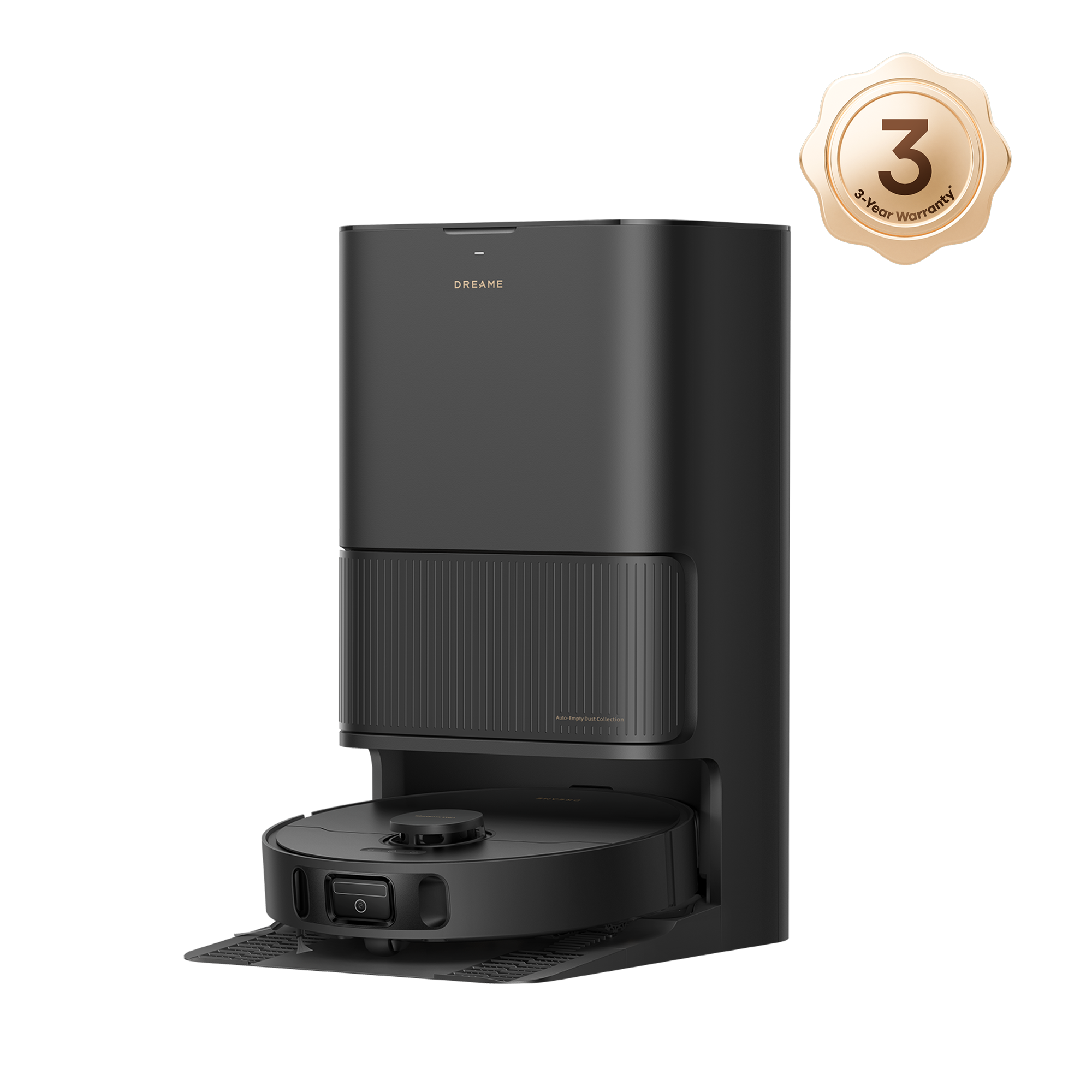 Black Dreame L40s Ultra CE robot vacuum with matching black base in a clean-background manufacturer studio render.