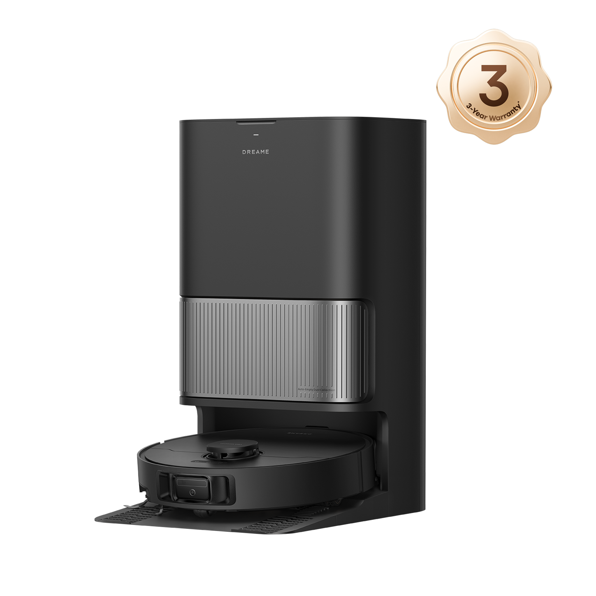 Black Dreame L40s Ultra robot vacuum with its matching black wash-and-dry base in an official manufacturer render.