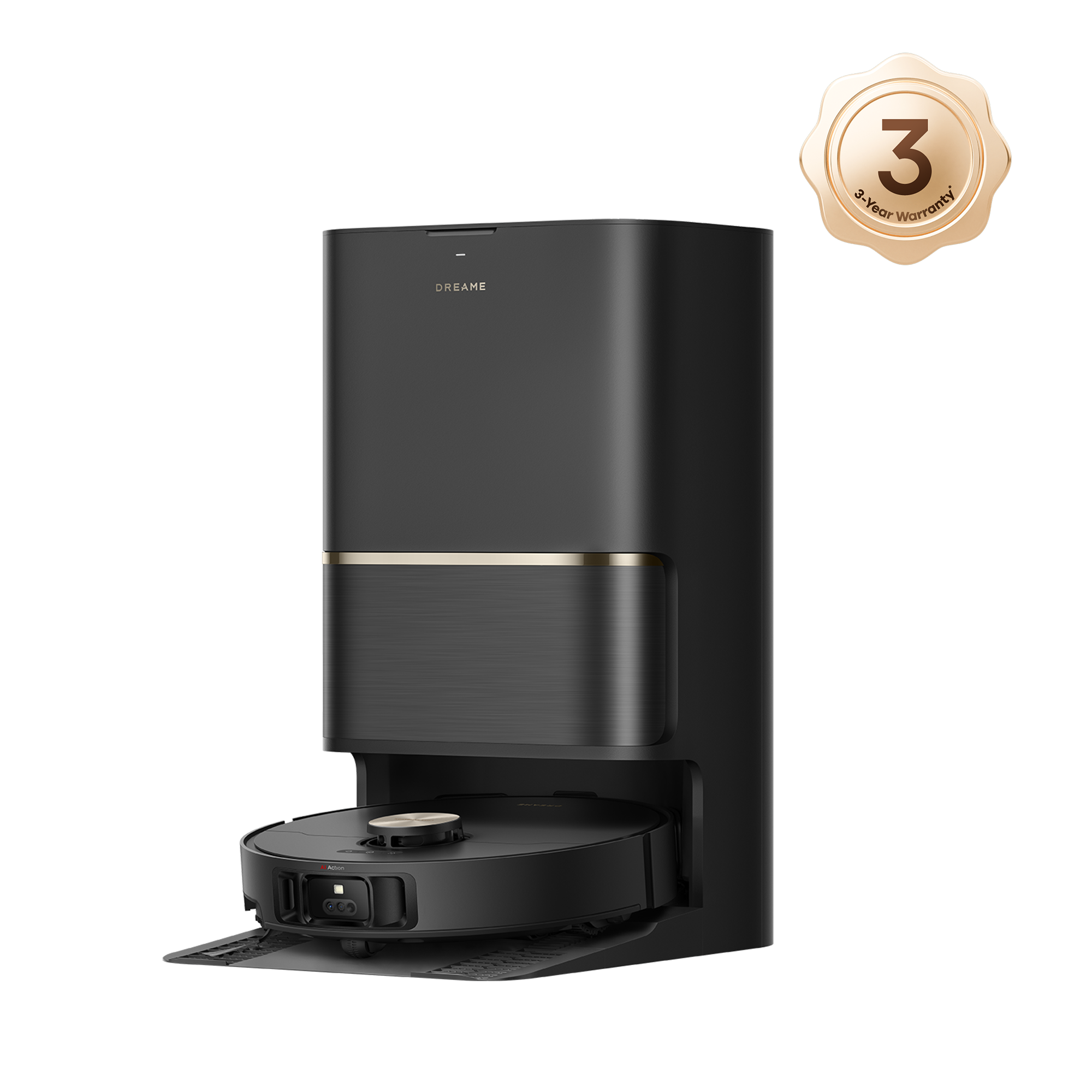 Black Dreame L50 Ultra RLL94CE robot vacuum with matching RCLE0101 PowerDock, shown in a manufacturer render.