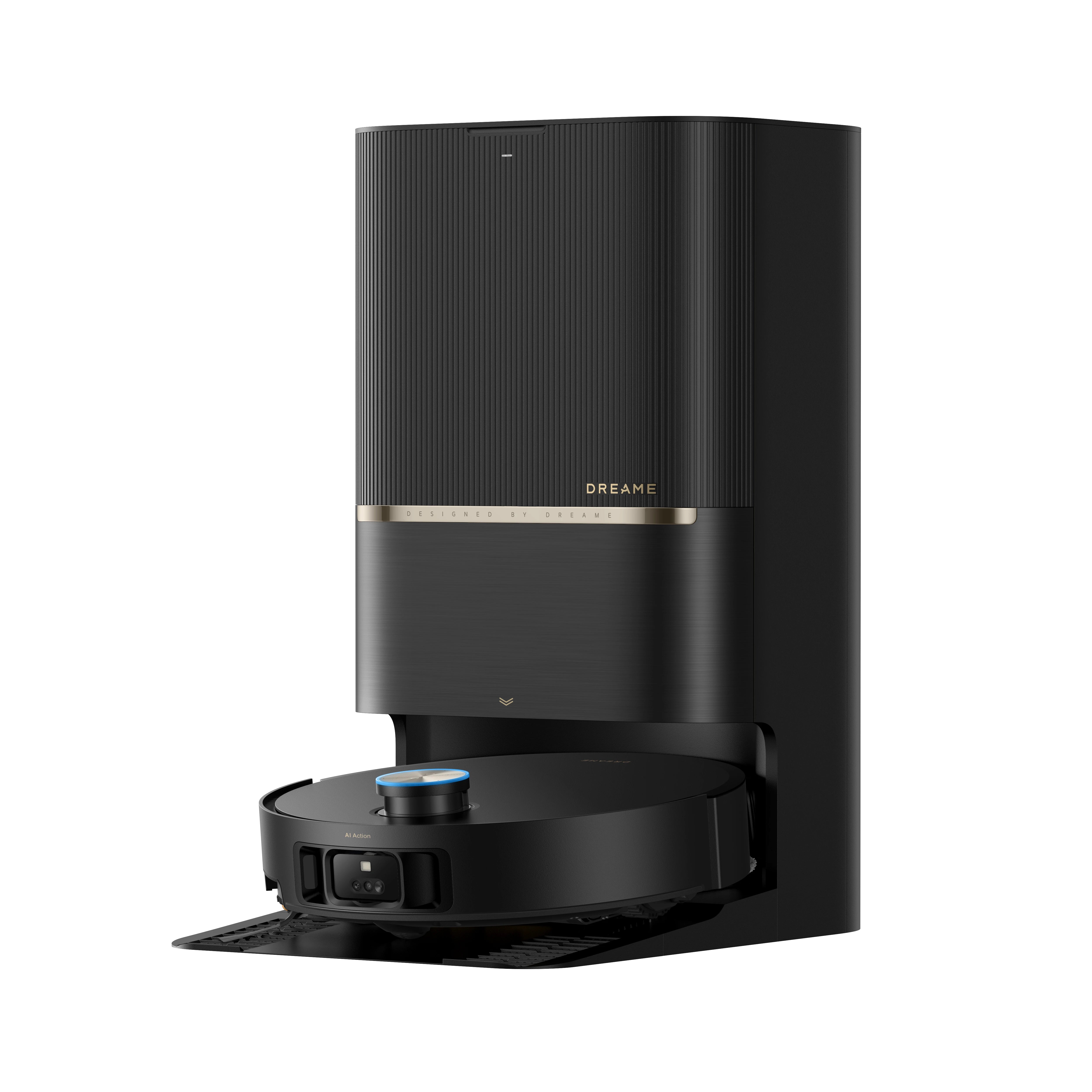 Black Dreame L60 Pro Ultra robot vacuum with its matching black base station in an official clean-background render.