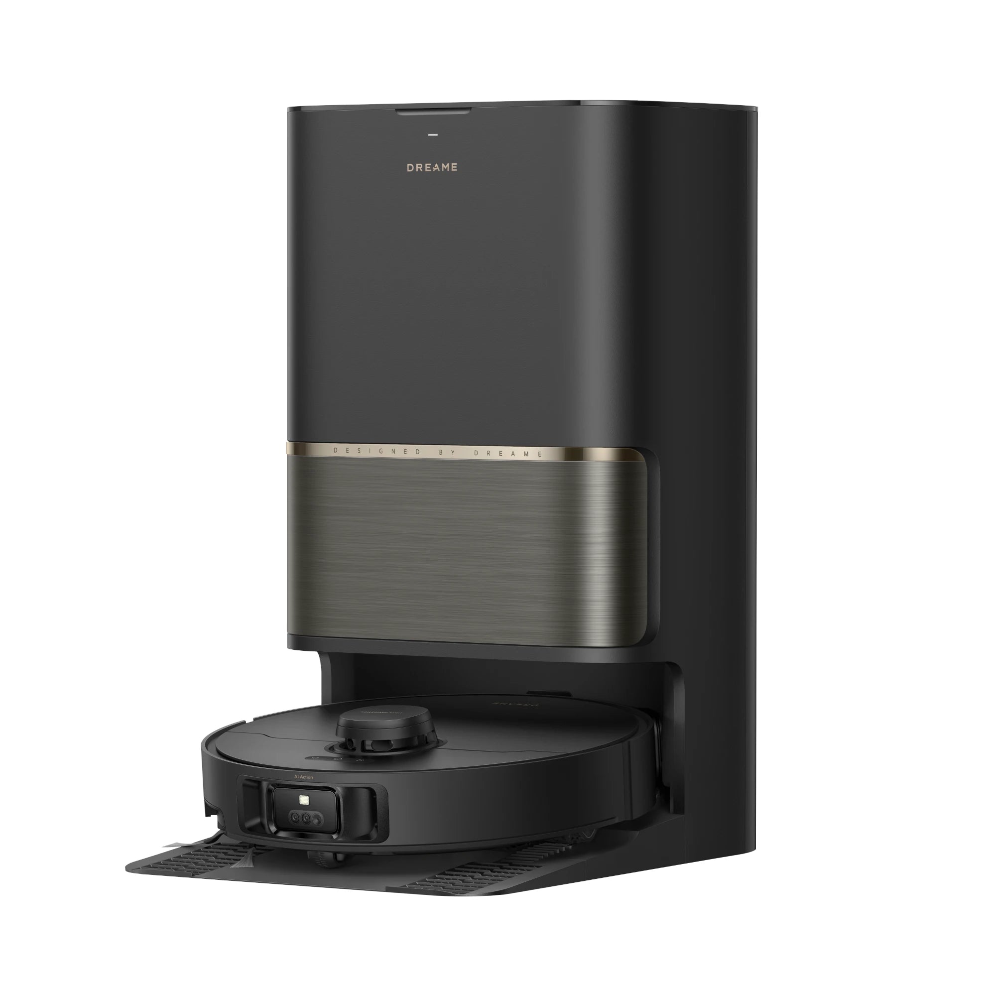 Black Dreame L60 Ultra PE robot vacuum docked in its matching black base, shown in an official manufacturer render.