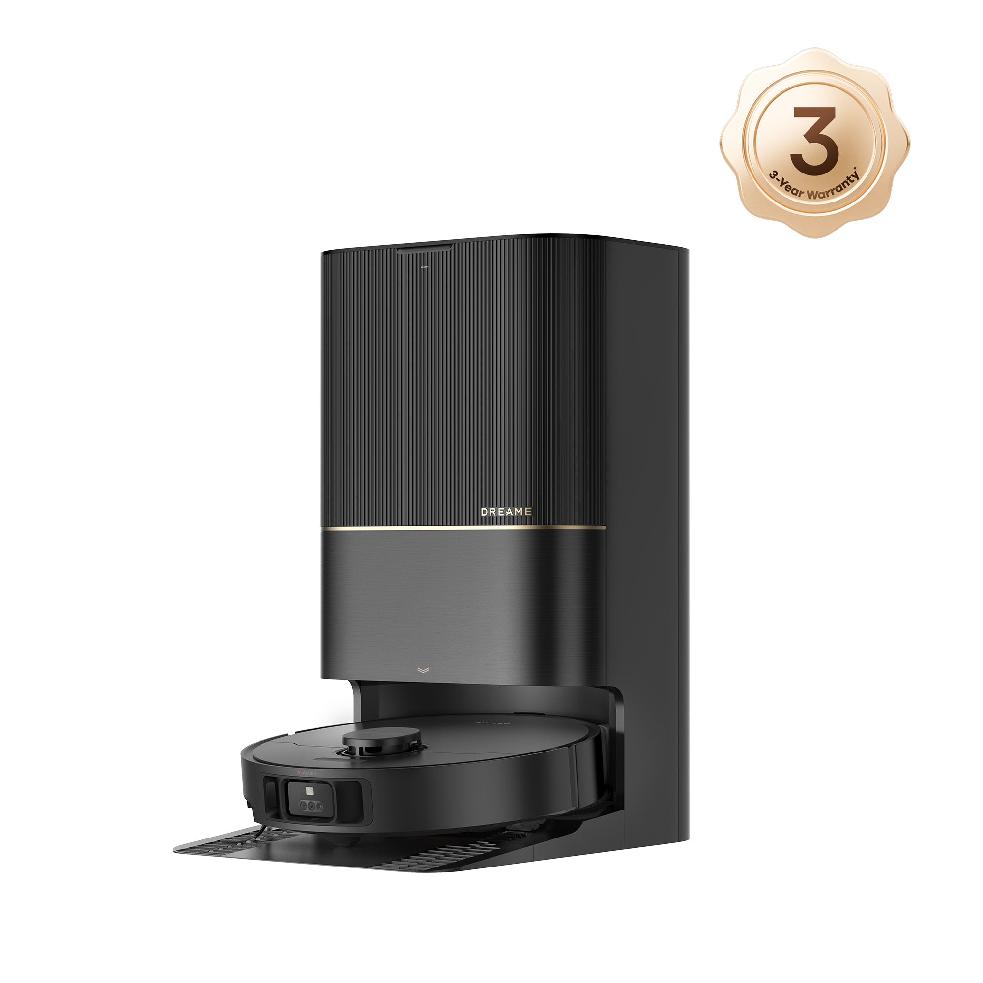Black Dreame X40 Ultra robot vacuum with its matching black station, shown in an official studio render.