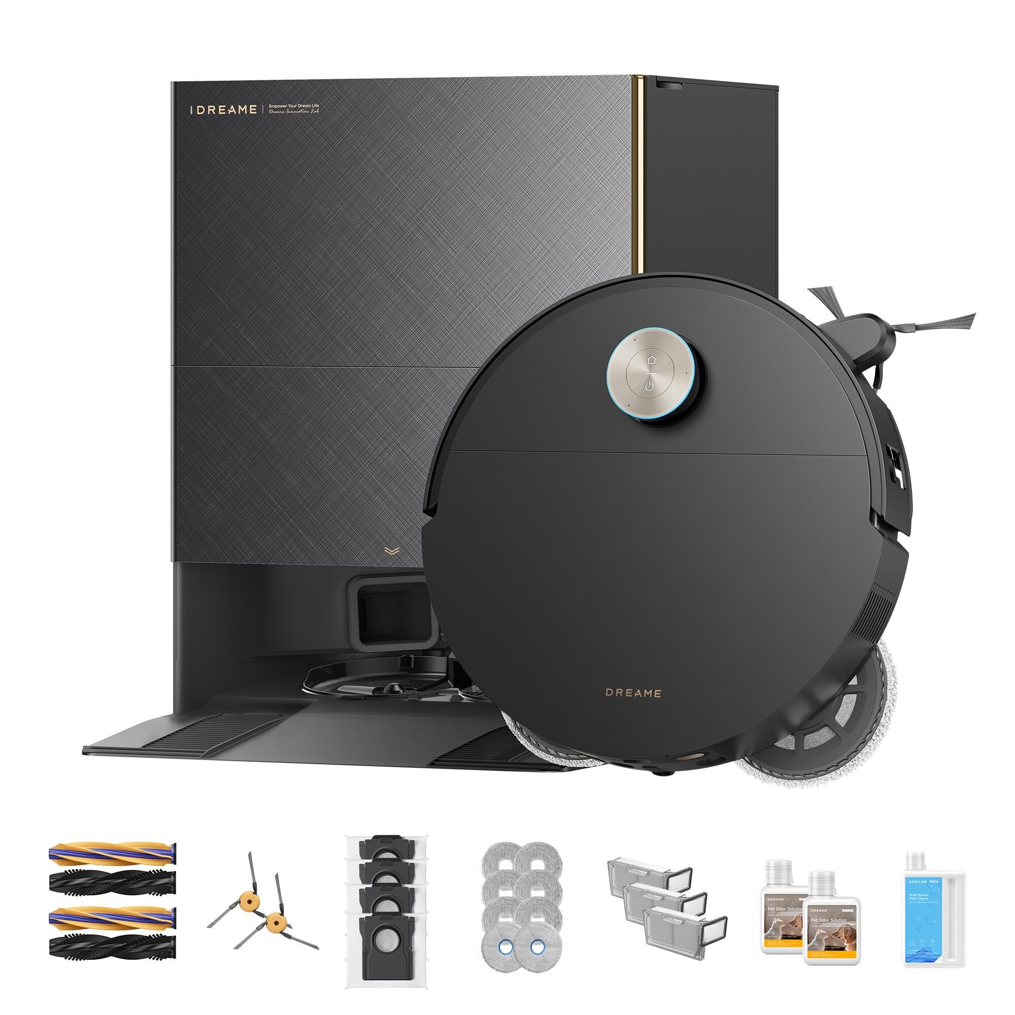 Black Dreame X60 Max Ultra Complete RLX87DE robot vacuum and matching RCXE0808 base, with accessories, on a white studio background.