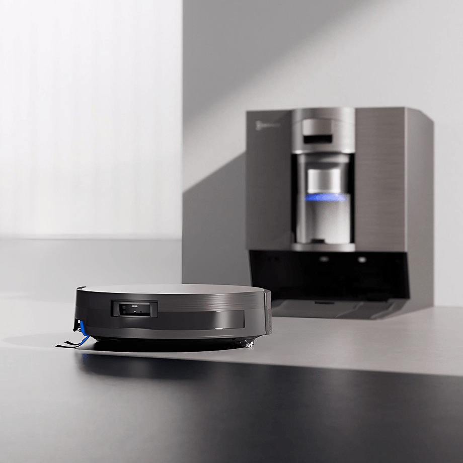 ECOVACS DEEBOT X11 OmniCyclone robot beside its matching bagless OMNI station in a studio render.