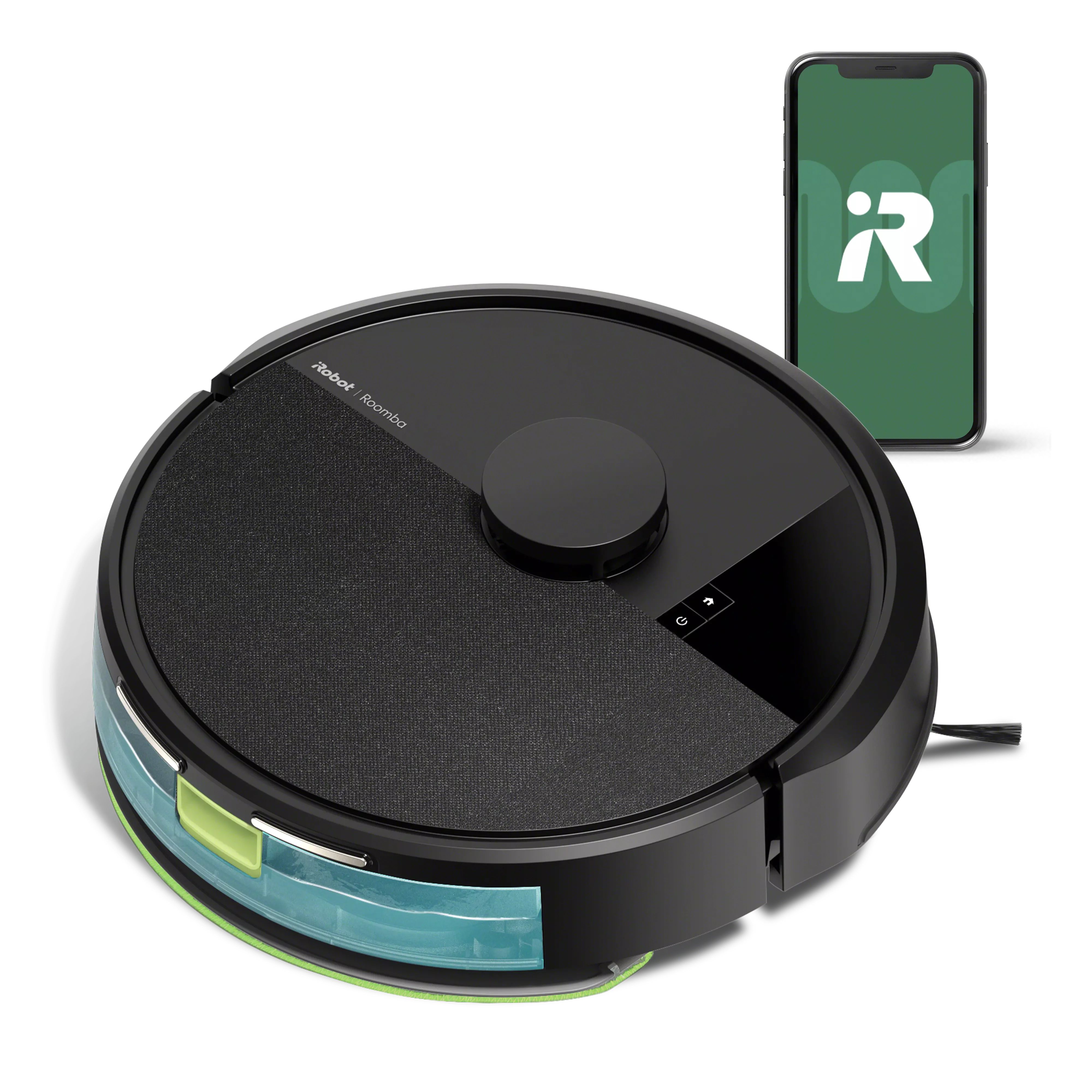Black iRobot Roomba 105 Combo Y314020 with its front combo-bin tank and an illustrative app phone; no AutoEmpty dock is shown.
