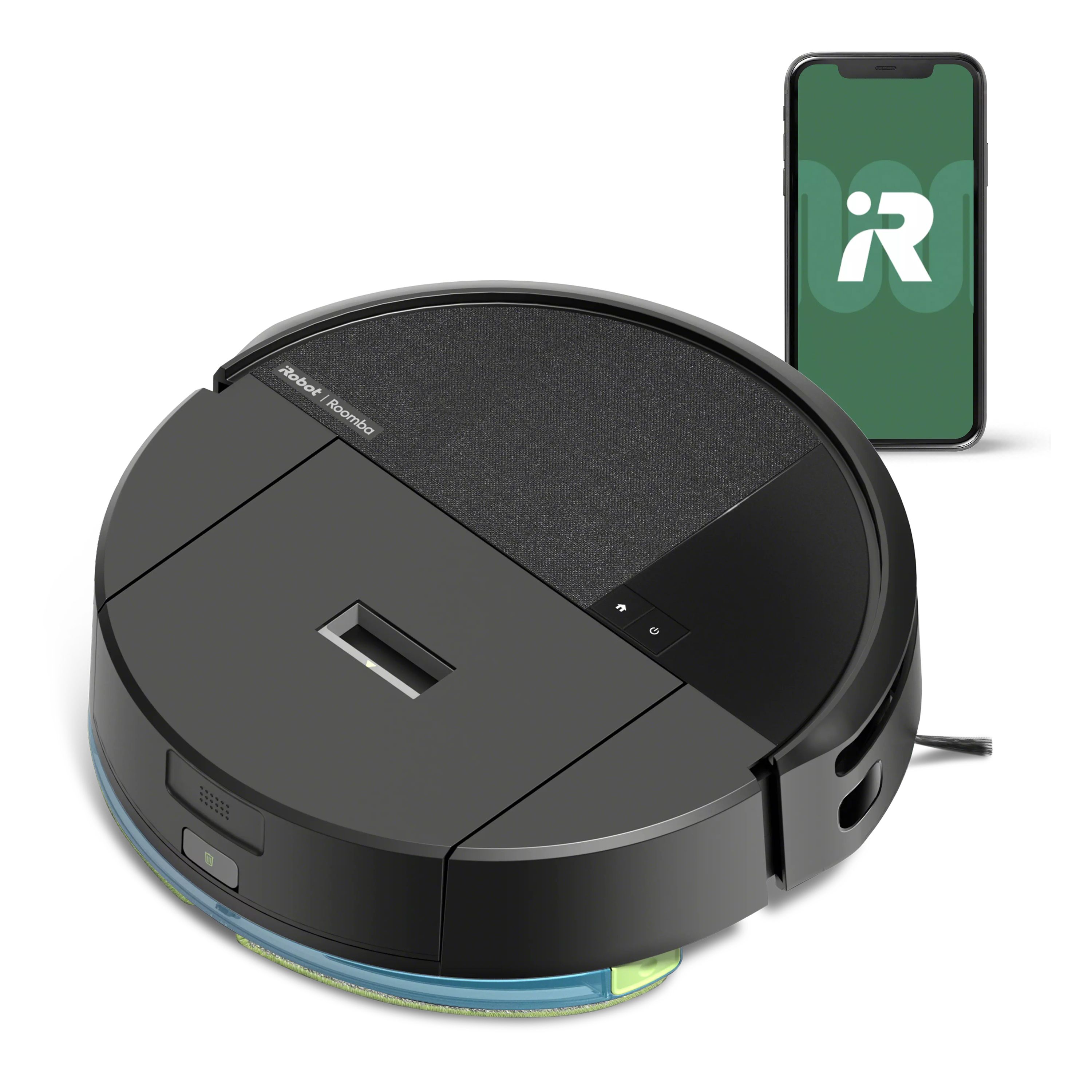 Black iRobot Roomba 205 DustCompactor Combo with microfiber pad and illustrative phone in a studio render; charging dock not shown