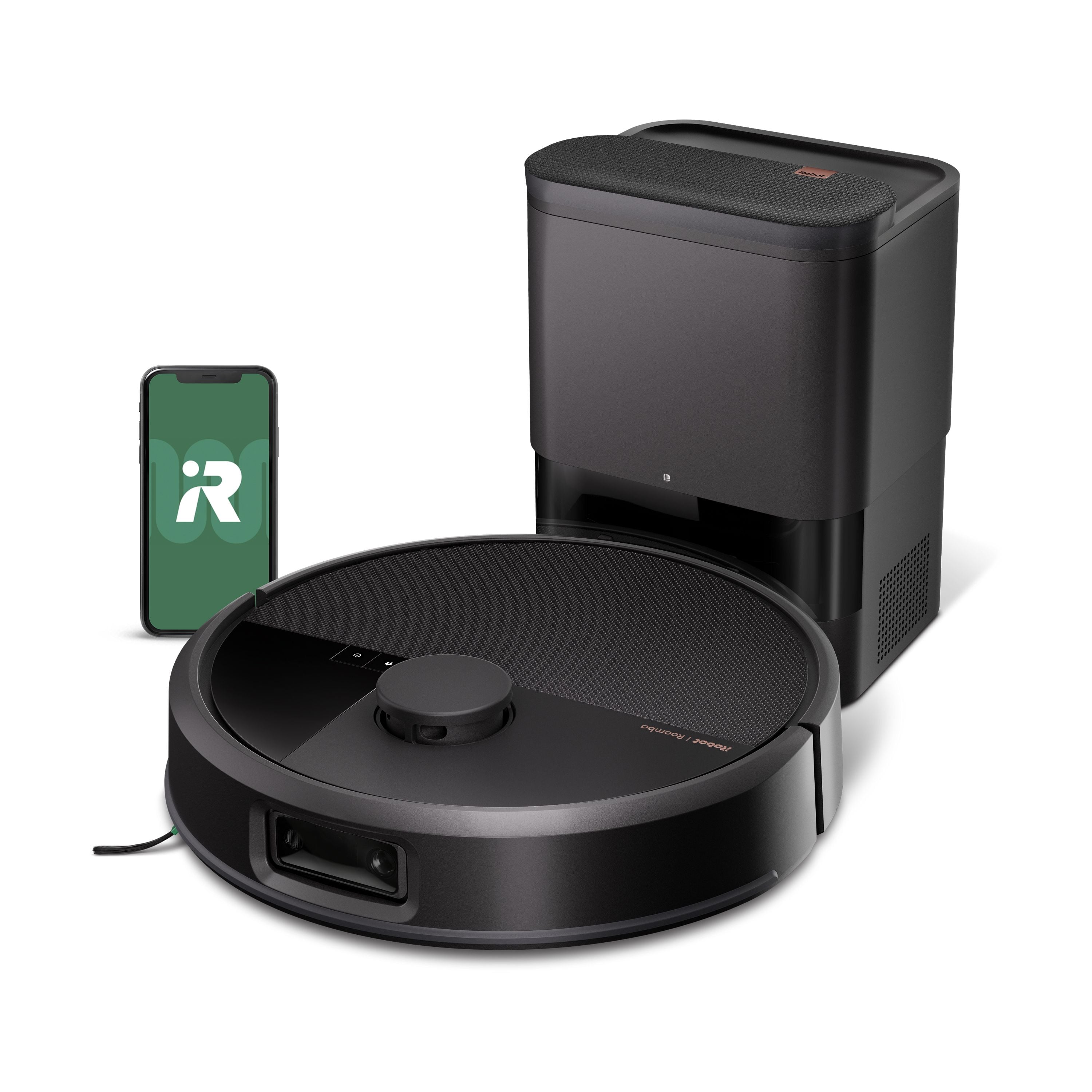 Black iRobot Roomba Max 705 Vac W155020 in front of its AutoEmpty dock; an illustrative phone appears beside it.