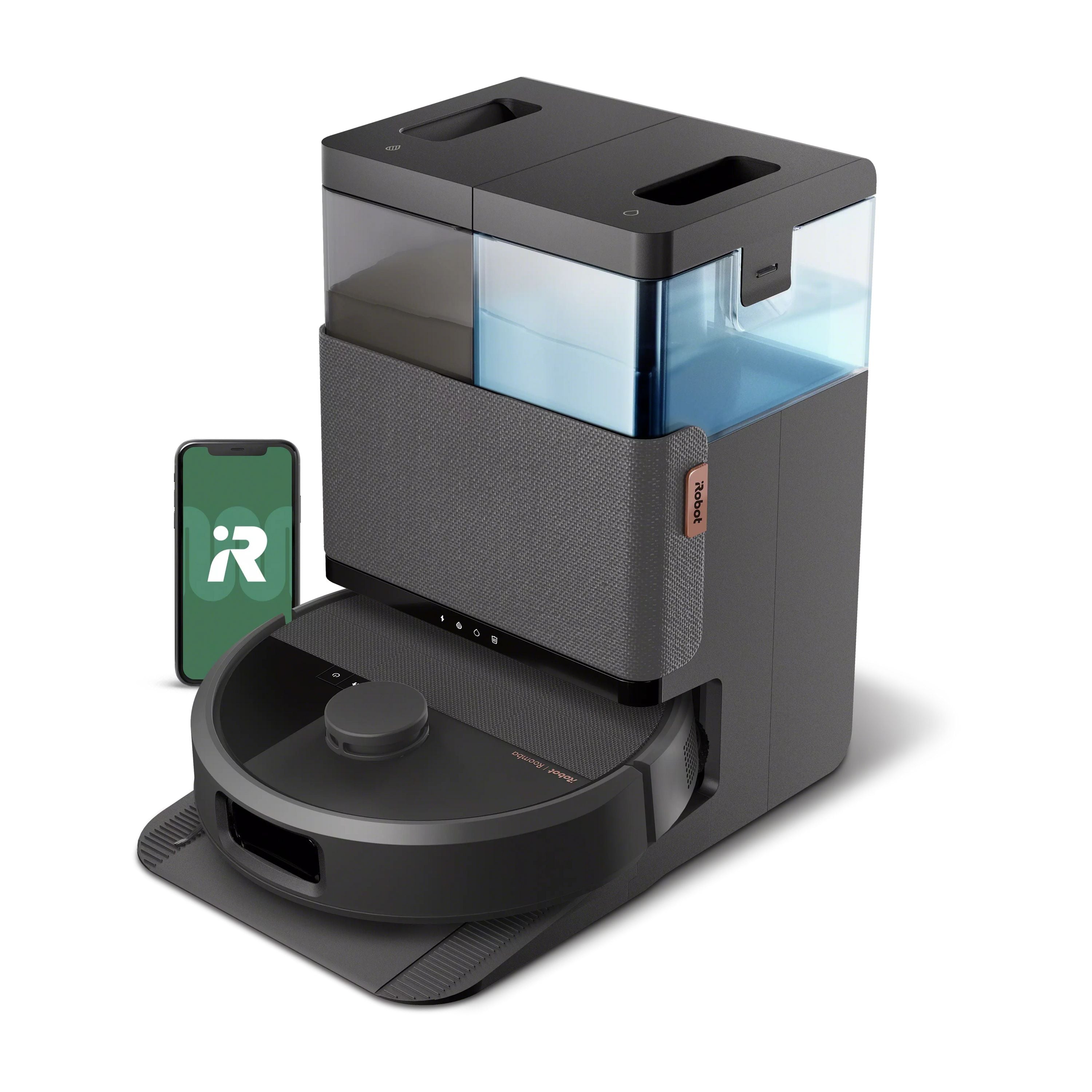Black iRobot Roomba Plus 505 Combo N185020 robot with its matching tank AutoWash dock and an illustrative app phone.
