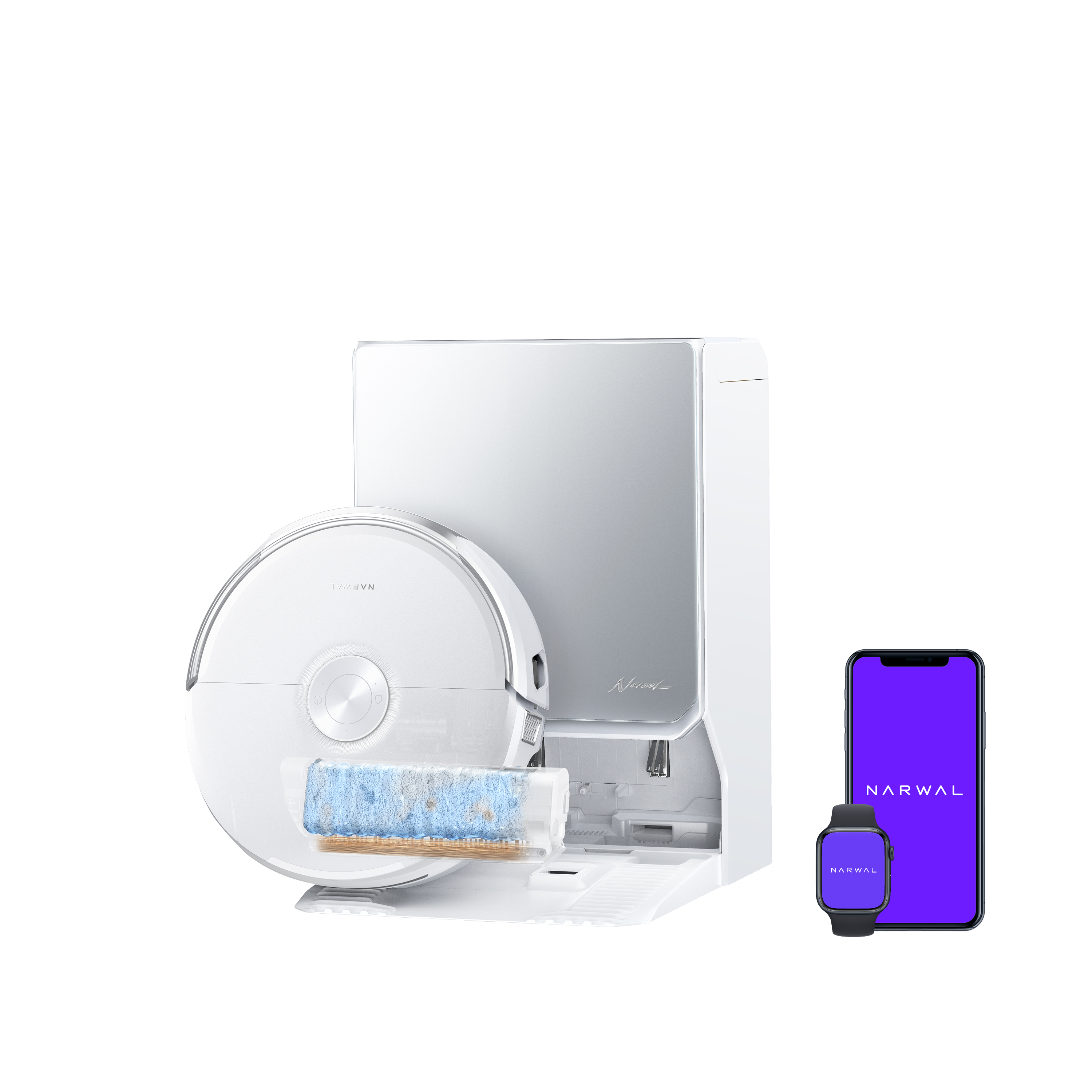 White Narwal Flow 2 robot vacuum with roller mop and standard self-cleaning station; promotional phone and watch shown beside it.