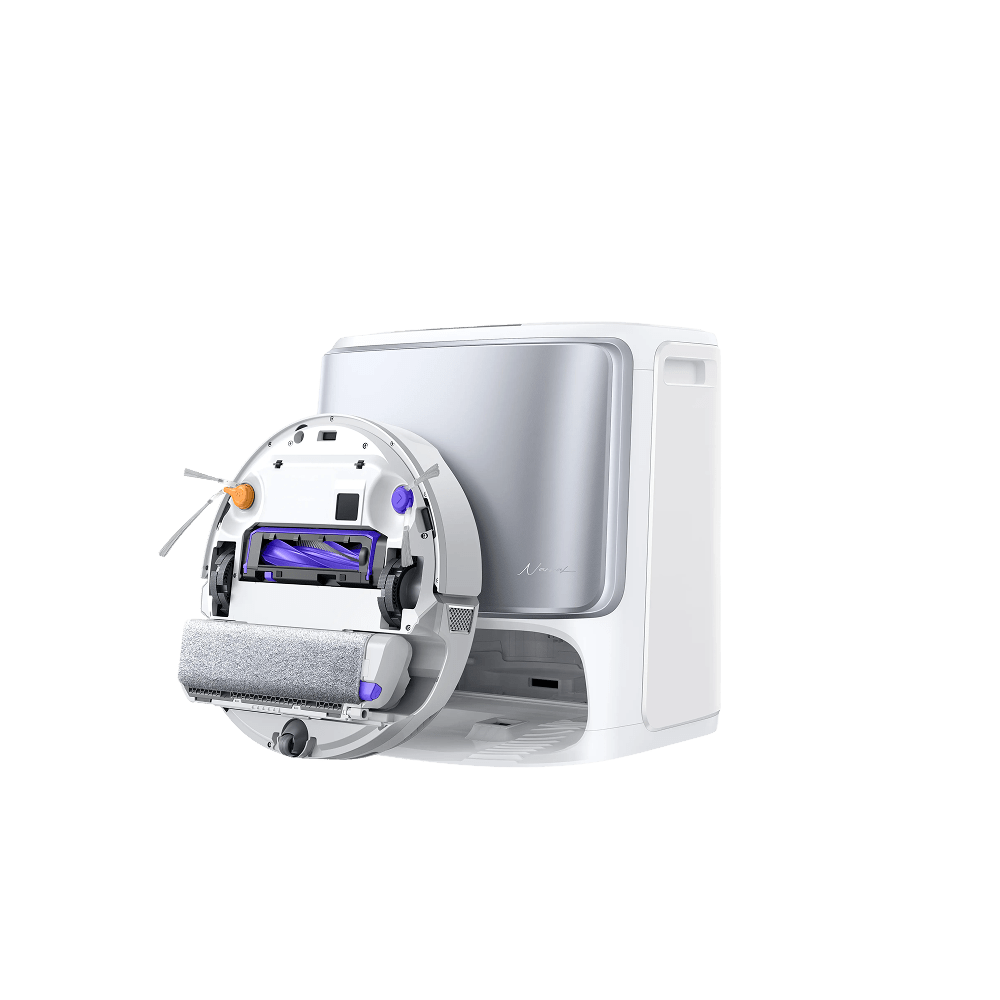 White Narwal Flow robot vacuum-mop and standard multifunction dock, official product rendering.