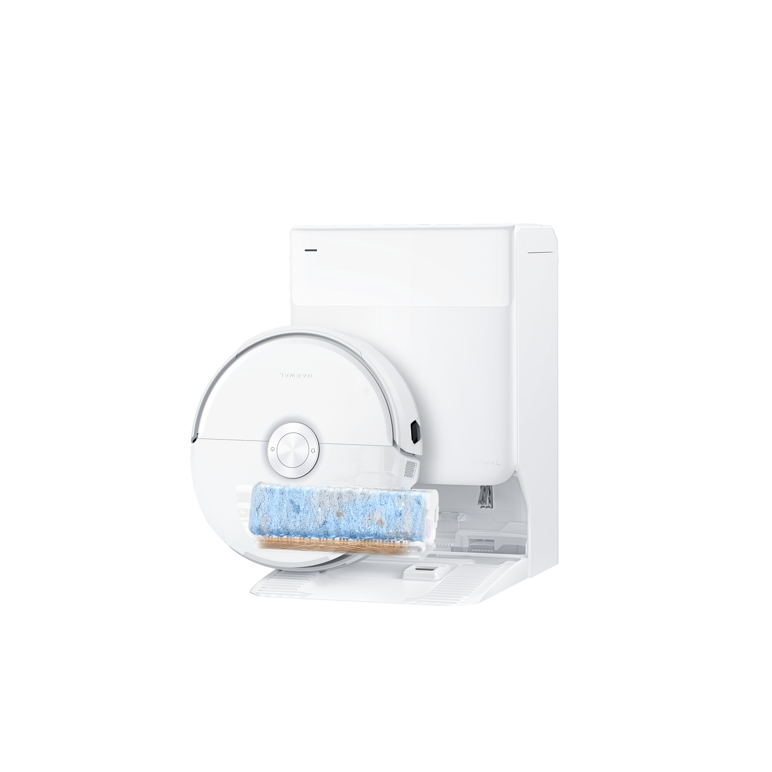 White Narwal Freo 20 Edge robot vacuum with blue-tinted roller mop and matching multifunctional dock in a manufacturer render.