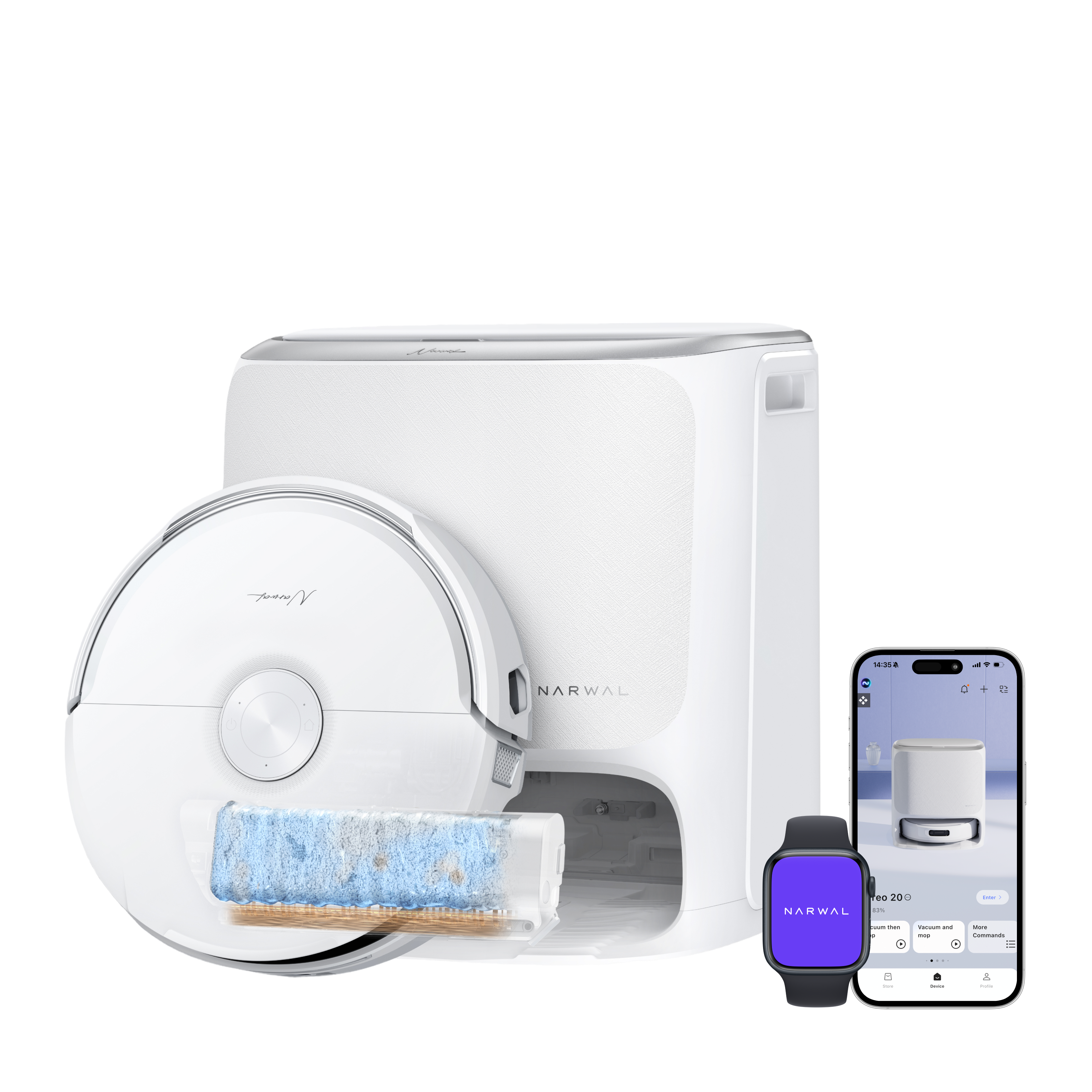 White Narwal Freo 20 robot vacuum with matching Multifunctional Dock and roller-mop assembly in an official render.
