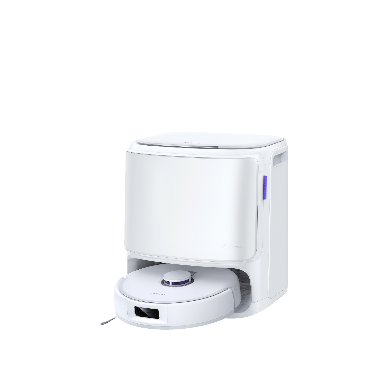White Narwal Freo X10 Pro robot vacuum positioned at its matching white Multifunctional Dock in an official Narwal product image.