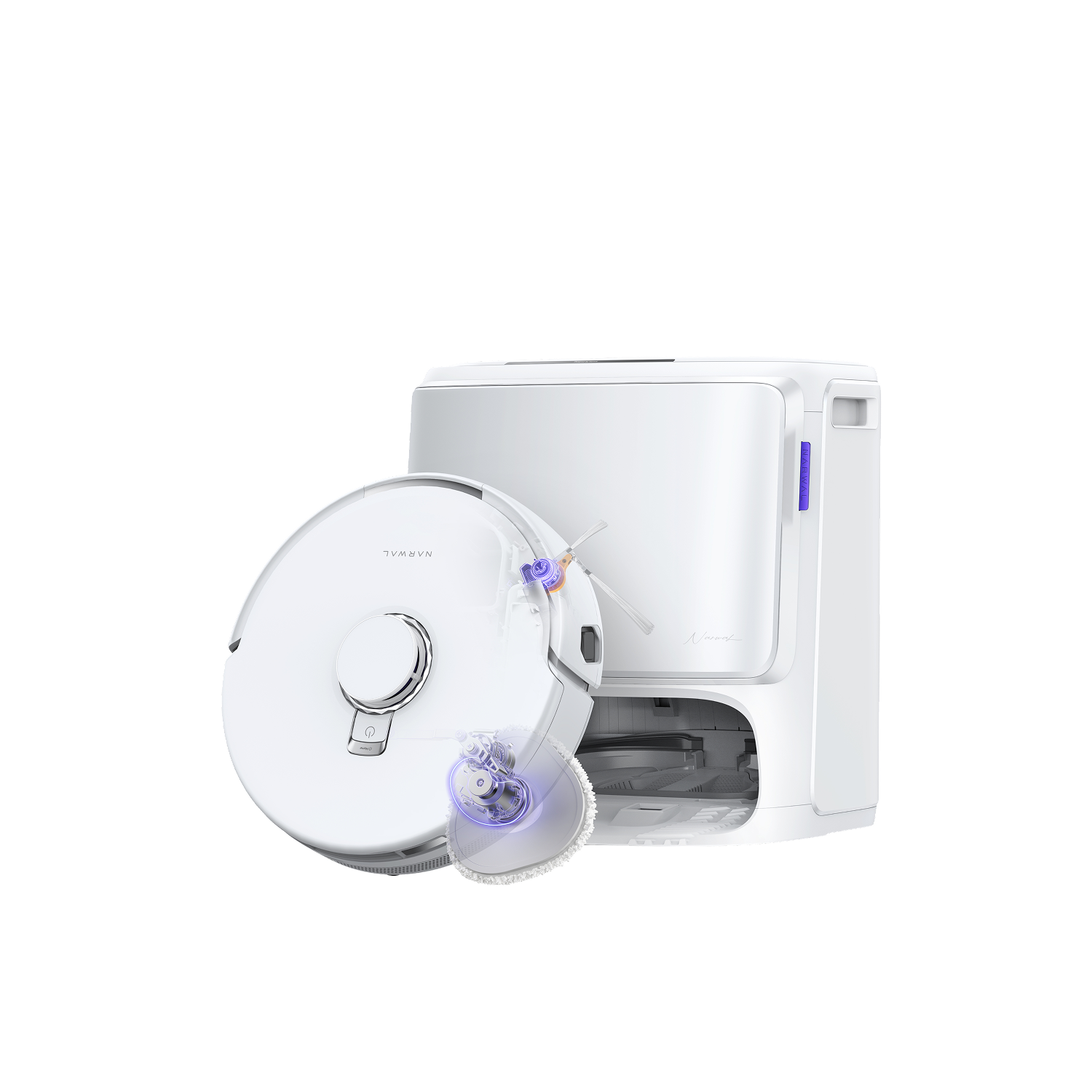 White Narwal Freo Z10 Turbo robot vacuum with matching Multifunctional Dock in an official manufacturer render.