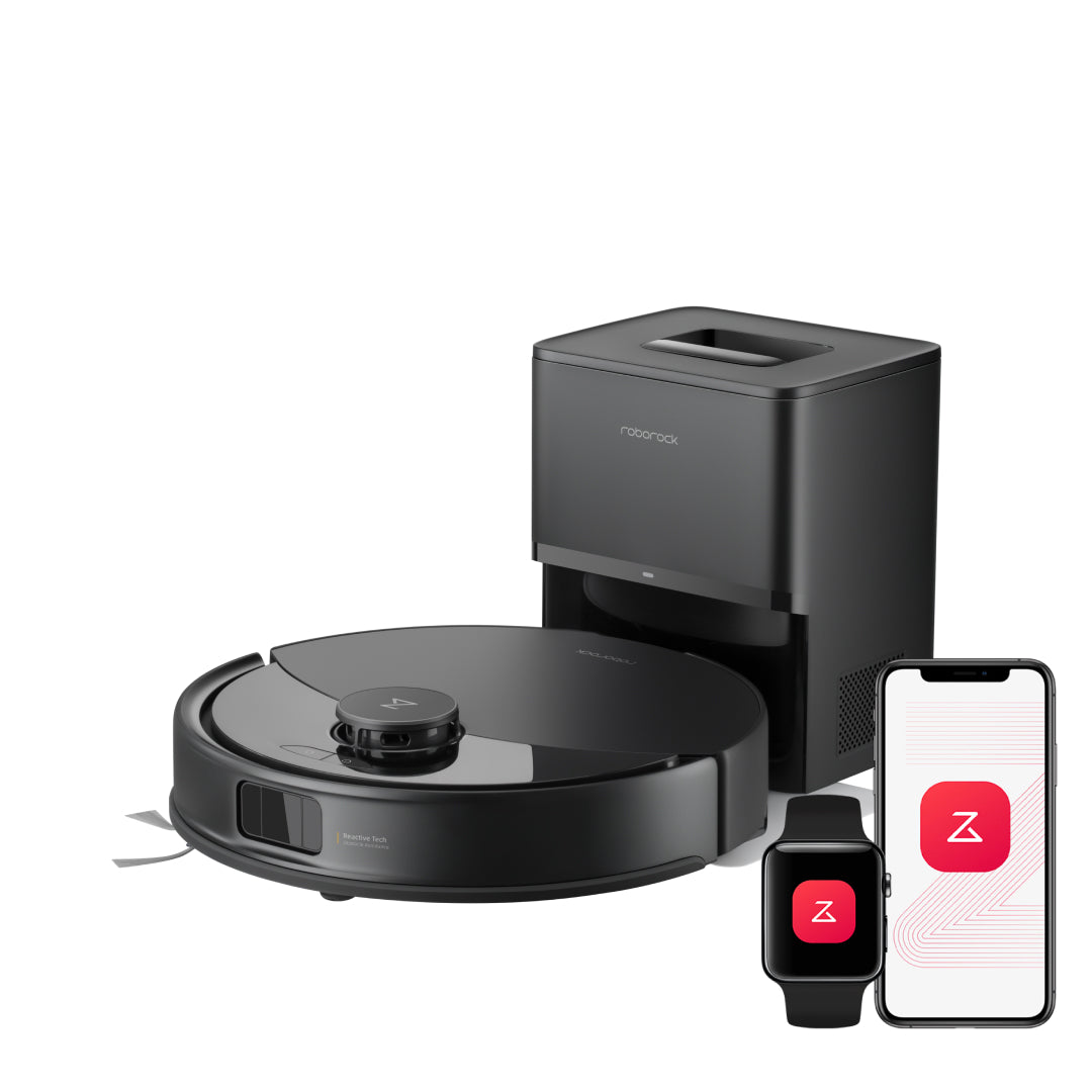 Manufacturer-rendered black Roborock Q10 X5+ robot vacuum with its auto-empty dock