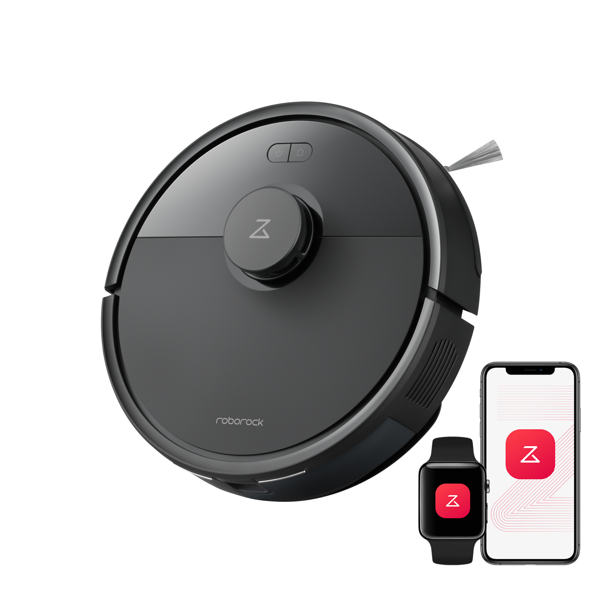 Manufacturer-rendered black Roborock Q7 L5 robot vacuum; phone and watch are illustrative