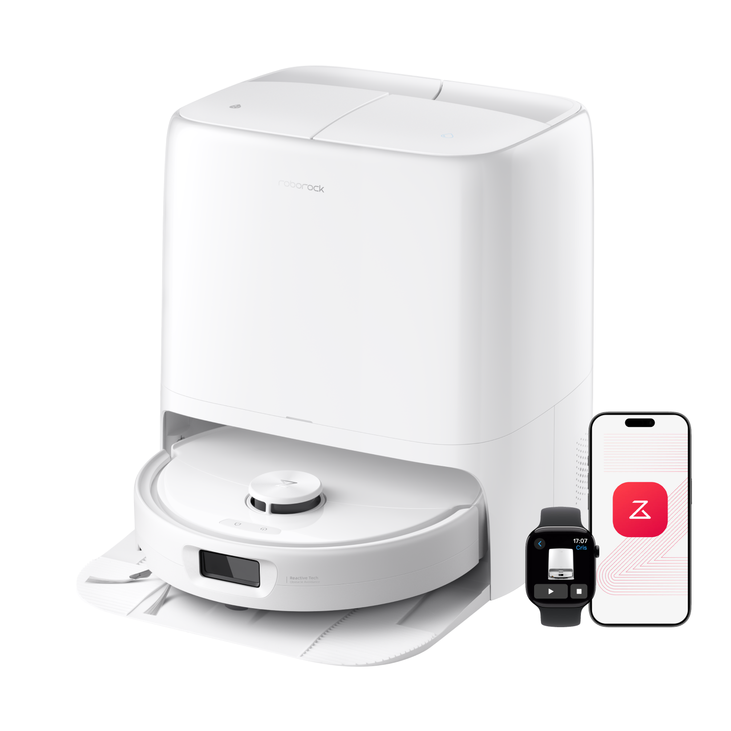 White Roborock Qrevo 2 Pro robot vacuum with its matching multifunction tank dock in a manufacturer render; phone and watch graphics are illustrative.