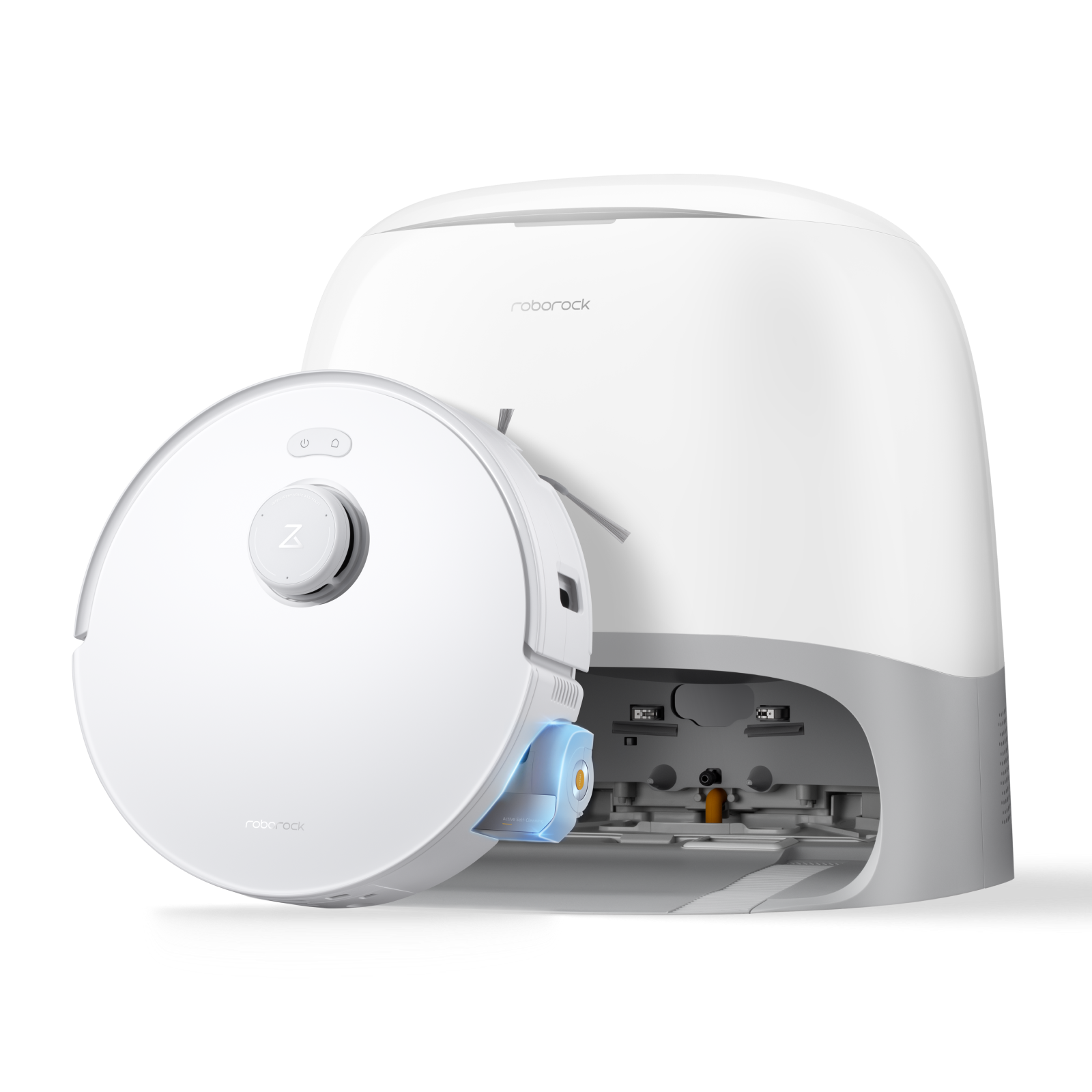 Manufacturer-rendered white Roborock Qrevo Curv 2 Flow robot vacuum and multifunction dock, with roller-mop assembly visible.