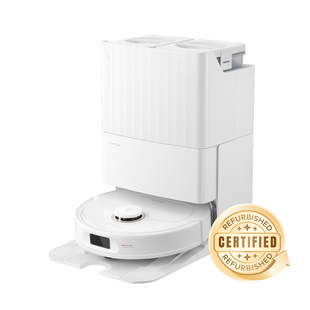 White Roborock Qrevo Pro robot and Multifunctional Dock 2.0 in a certified-refurbished product render; the badge is not an individual-unit condition report.