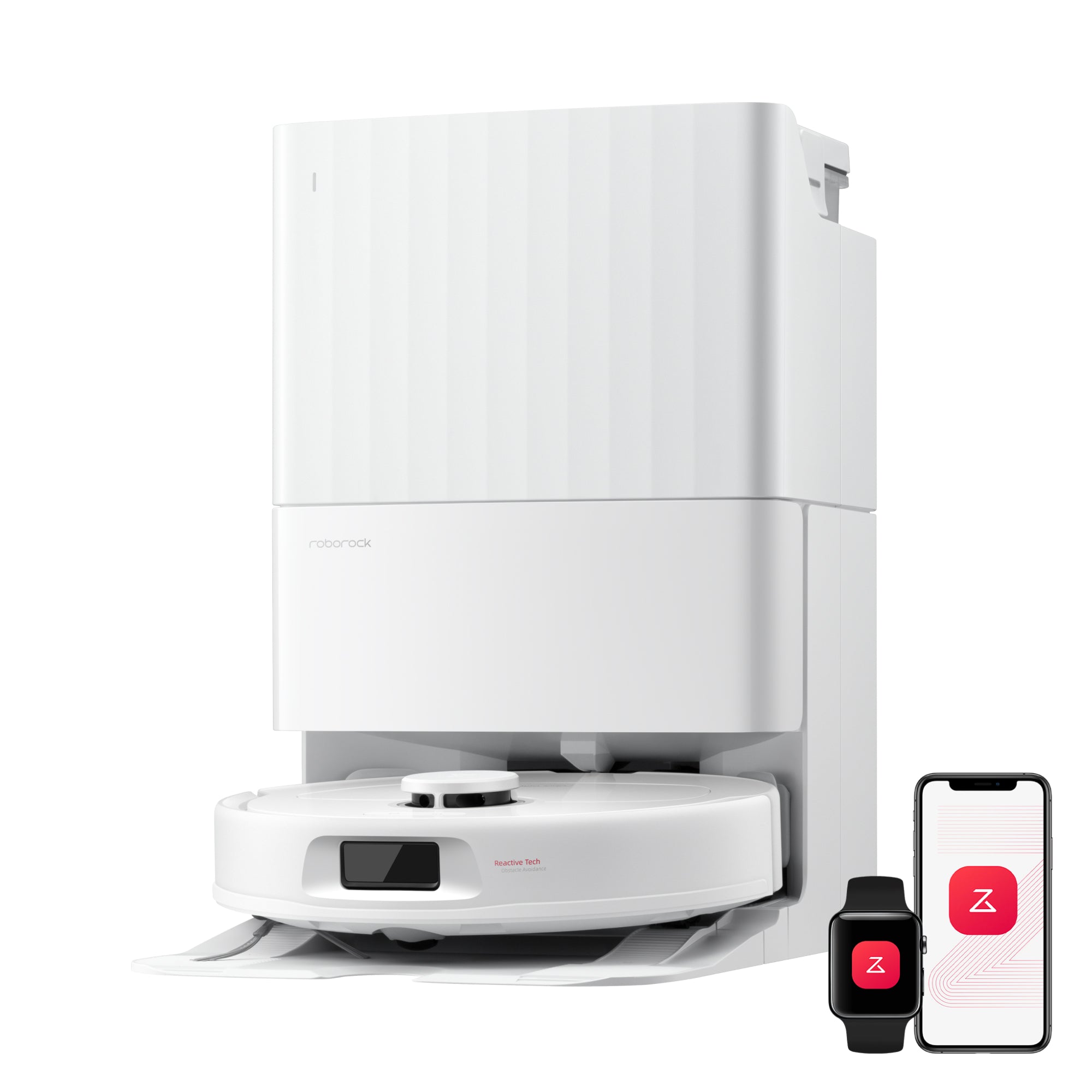 White Roborock Qrevo S Pro robot vacuum with matching removable-tank multifunction dock in manufacturer render