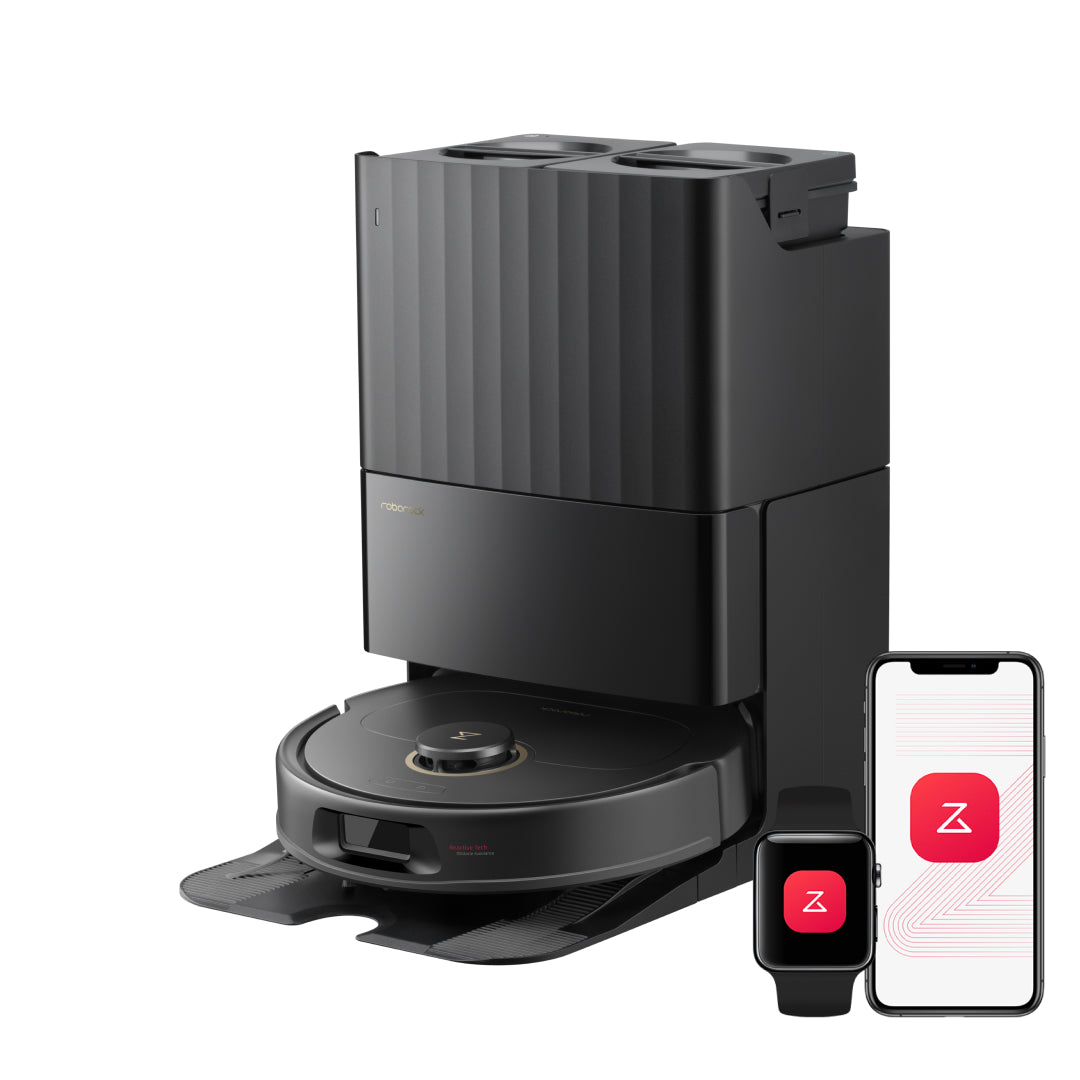 Black Roborock Qrevo S5V robot and EWFD36LRR multifunction dock in a manufacturer render; phone and watch graphics are illustrative.