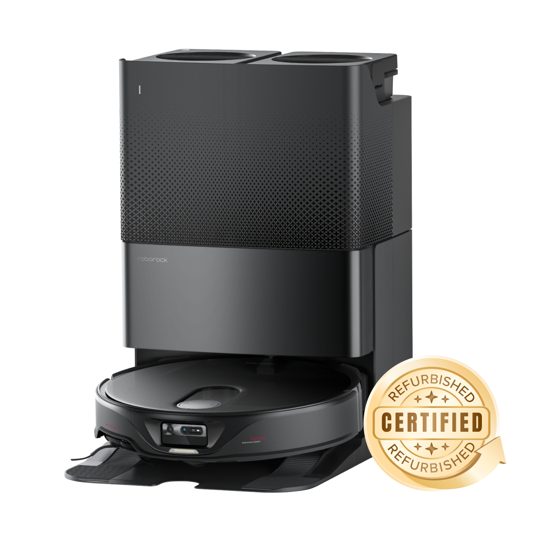 Black Roborock Qrevo Slim robot and Multifunctional Dock 3.0 with a certified-refurbished badge; the badge is not an individual-unit condition report.