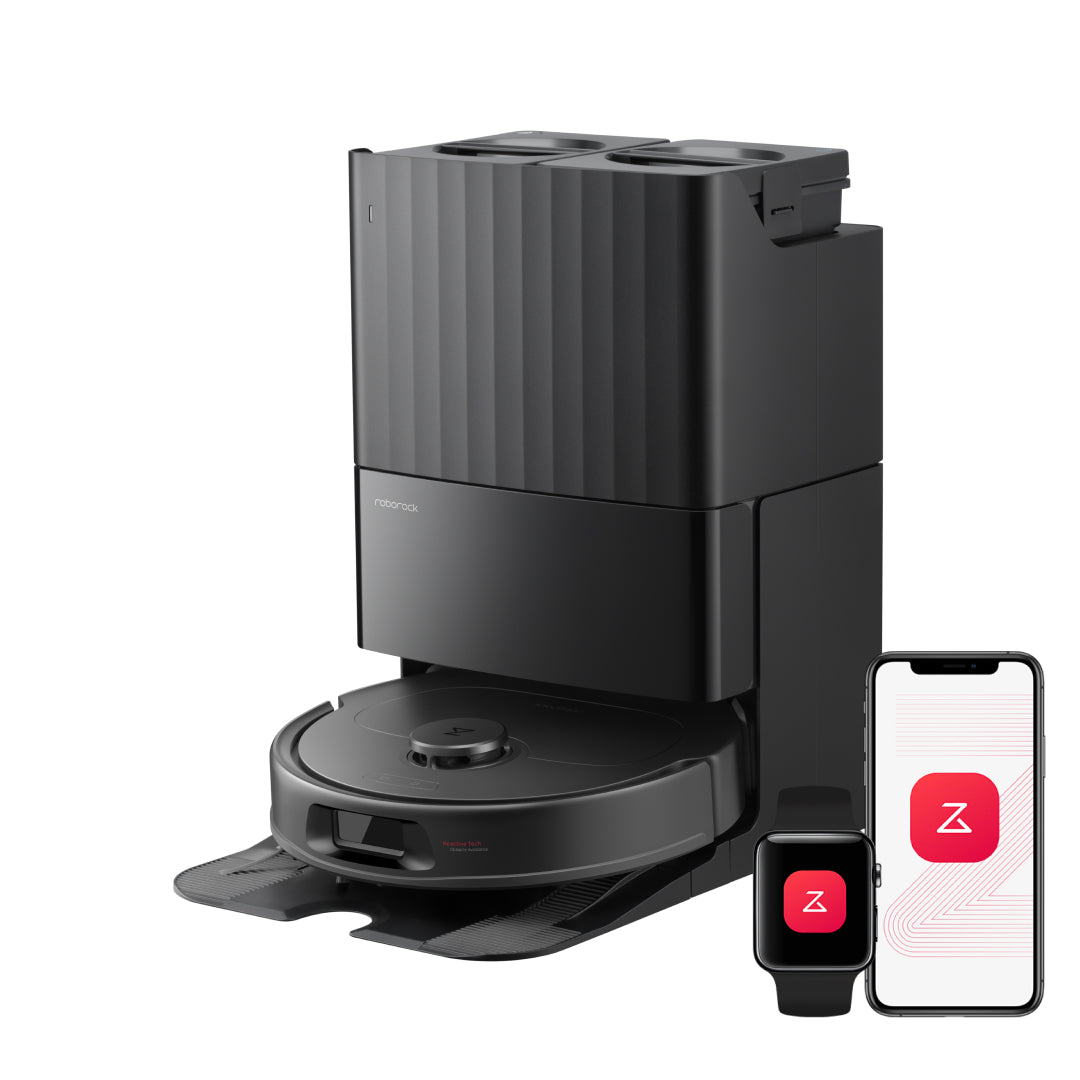 Manufacturer-rendered black Roborock QV 35A robot vacuum with its multifunction dock