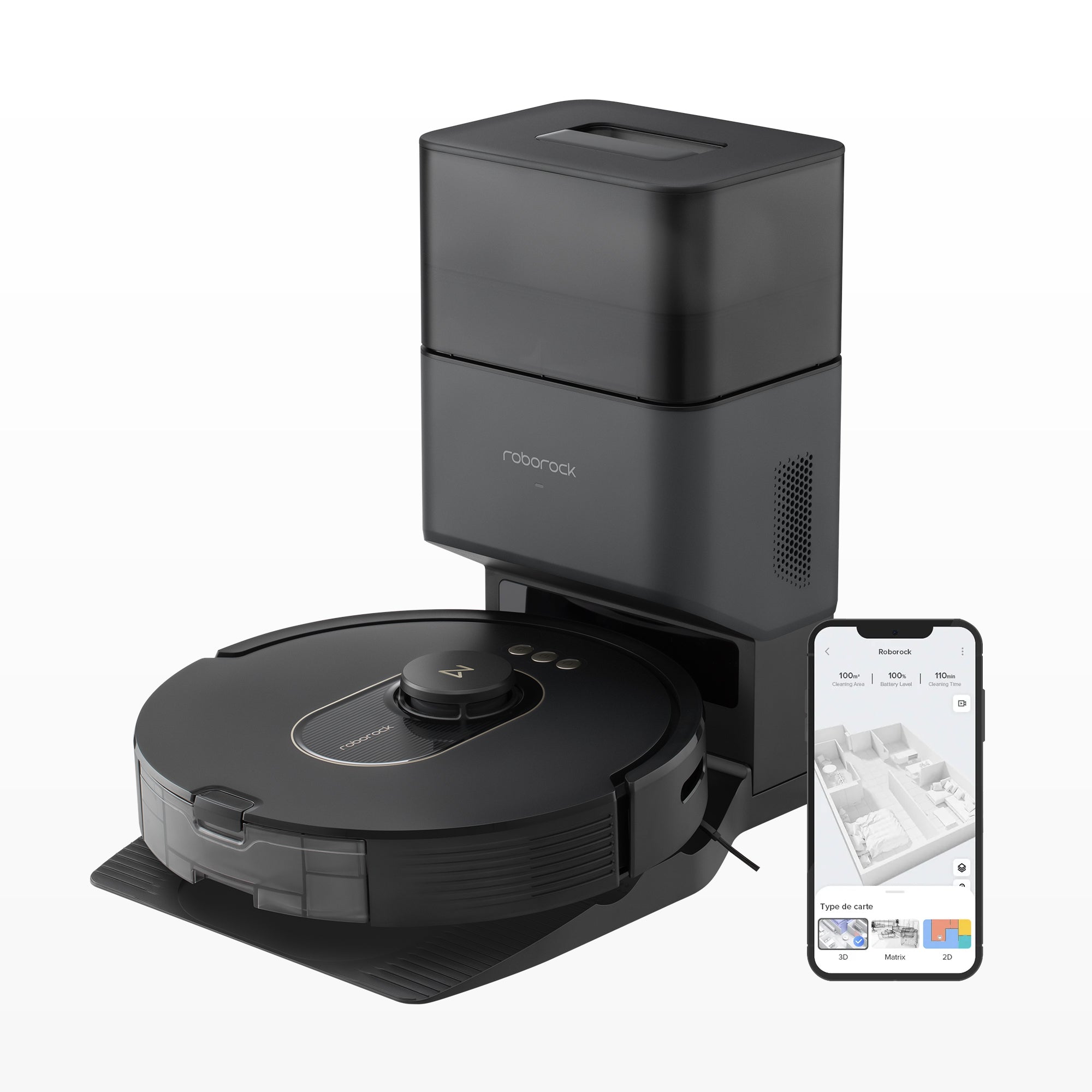 Black Roborock Q5 DuoRoller+ robot vacuum and auto-empty dock in an official staged manufacturer render.