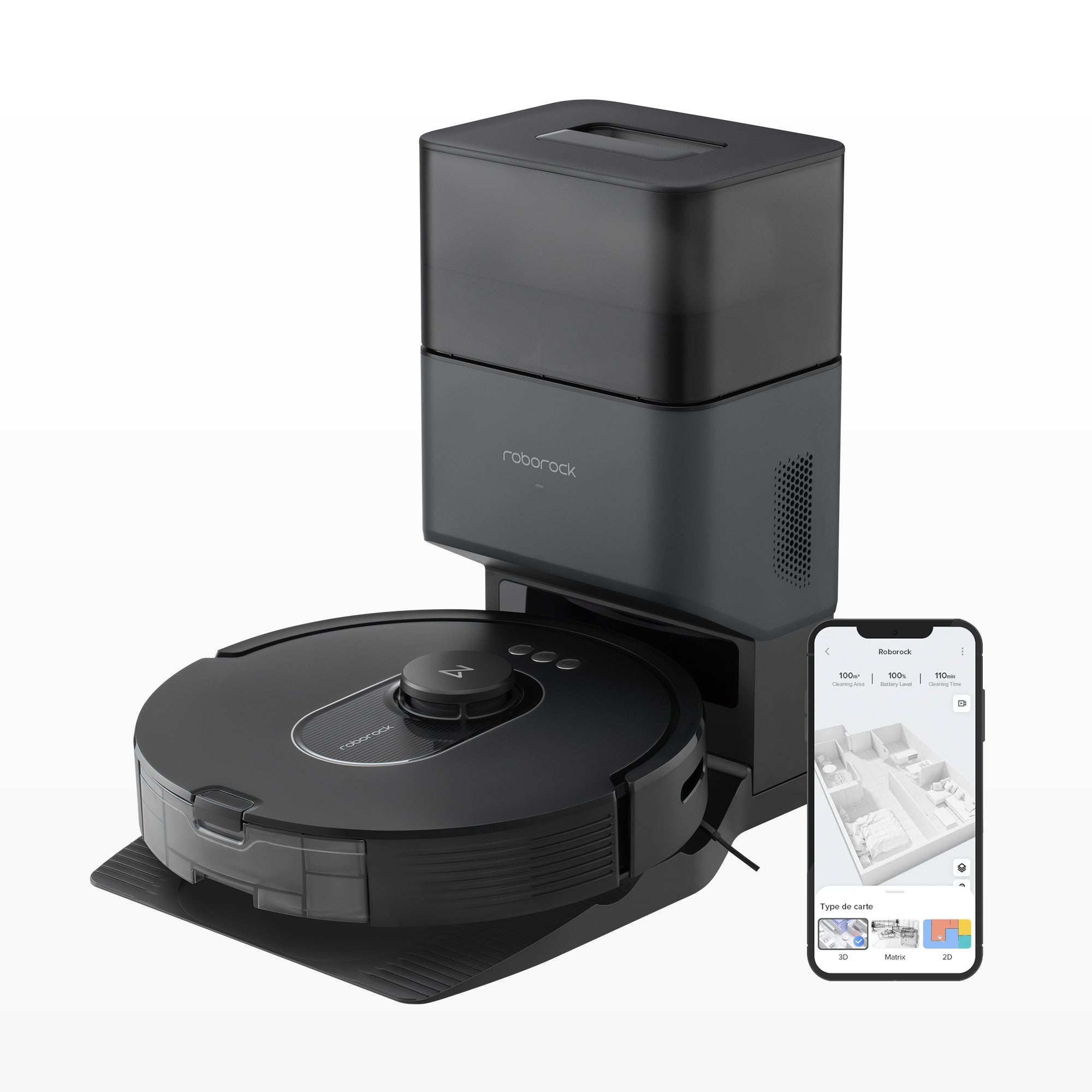 Black Roborock Q5 Max+ robot vacuum and auto-empty dock in an official staged manufacturer render.
