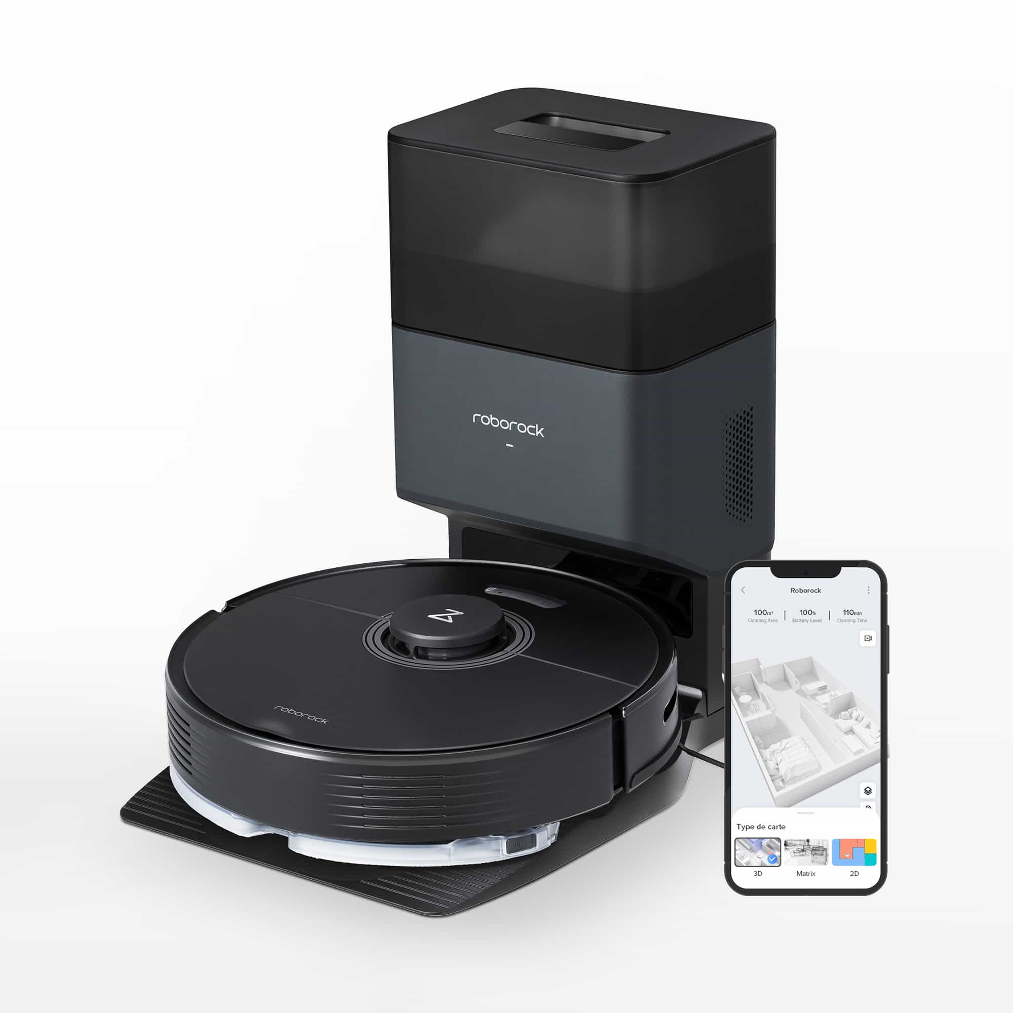 Black Roborock Q7 Max+ robot vacuum shown beside the Auto-Empty Dock Pure in an official studio render; phone/map graphic is illustrative.
