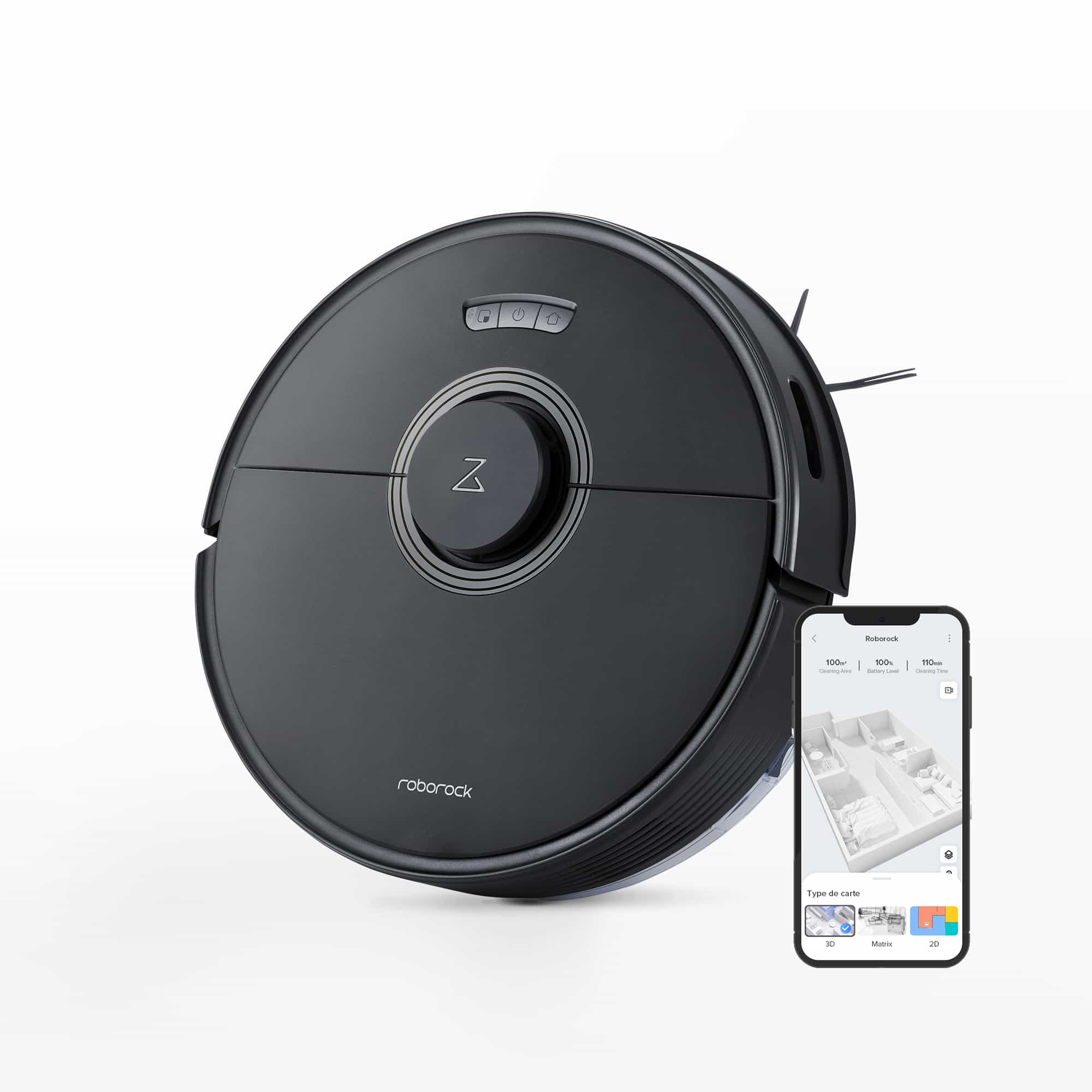 Black Roborock Q7 Max robot vacuum in an official studio render with an illustrative mapping screen; no charging dock is shown.