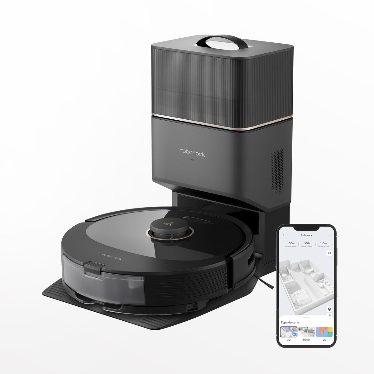 Black Roborock Q8 Max+ robot vacuum and matching Auto-Empty Dock with an illustrative phone-screen overlay, shown on a white background in a manufacturer render.