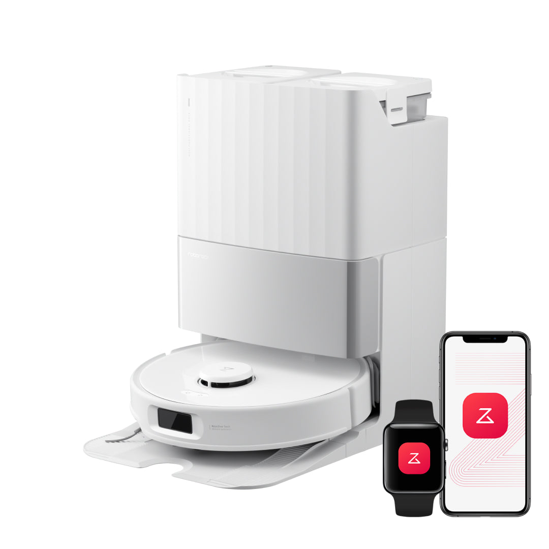 White Roborock Qrevo Edge S5A robot beside its matching white Multifunctional Dock 3.0, shown in a manufacturer studio render.
