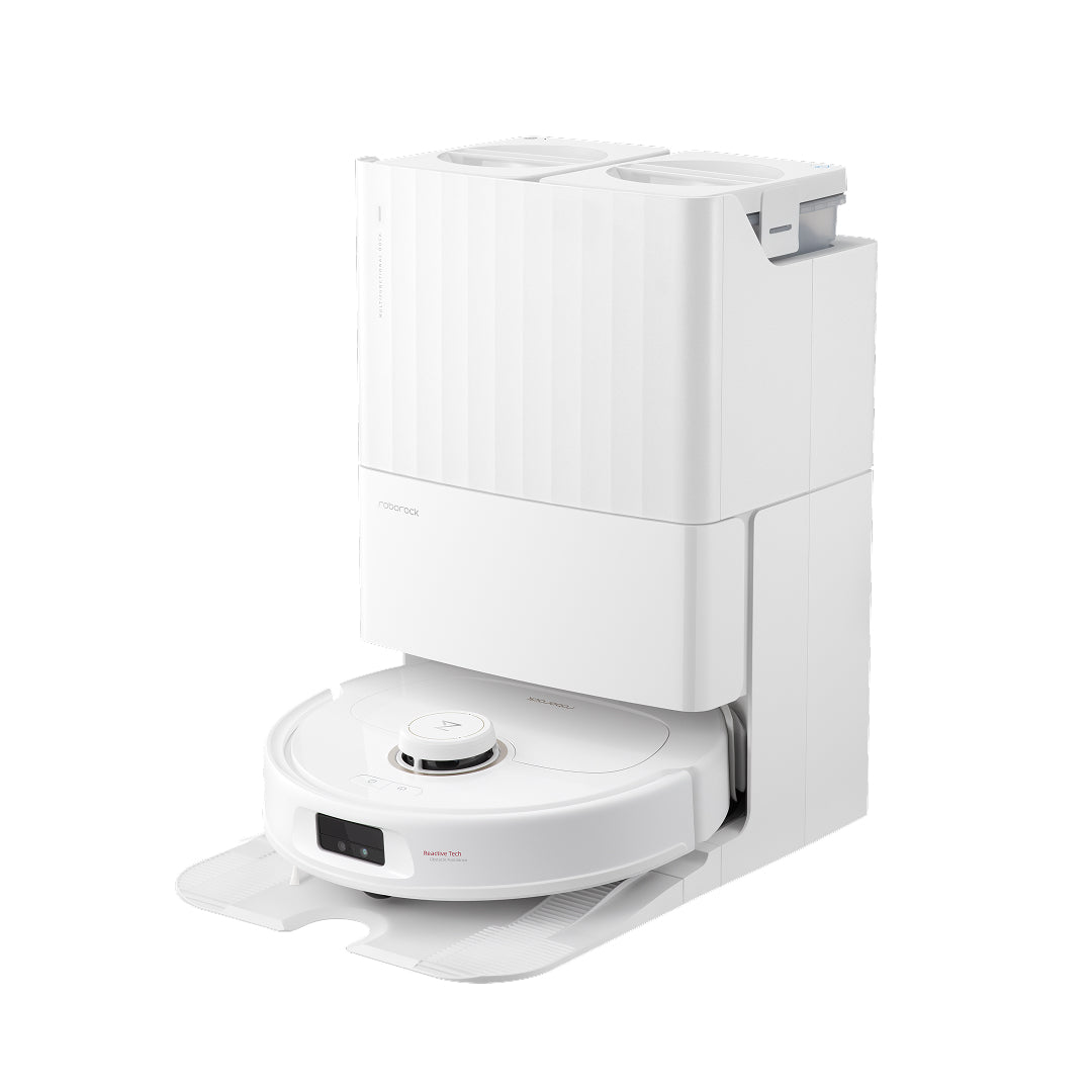 White Roborock Qrevo MaxV robot vacuum and matching Multifunctional Dock 2.0 in an official manufacturer render.