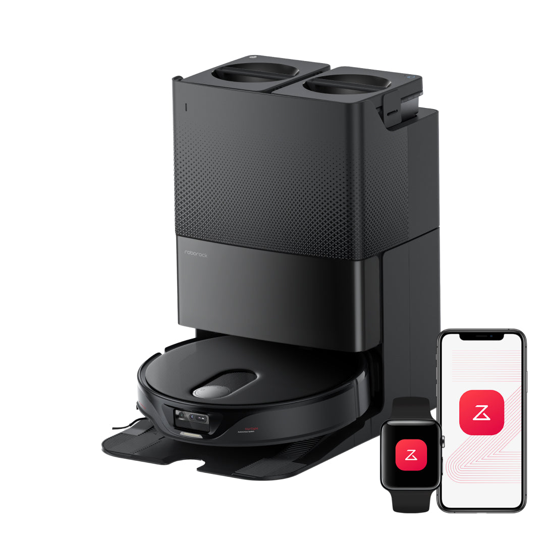 Roborock Qrevo Slim robot vacuum and Multifunctional Dock 3.0 with illustrative phone and watch graphics, shown in an official manufacturer render.