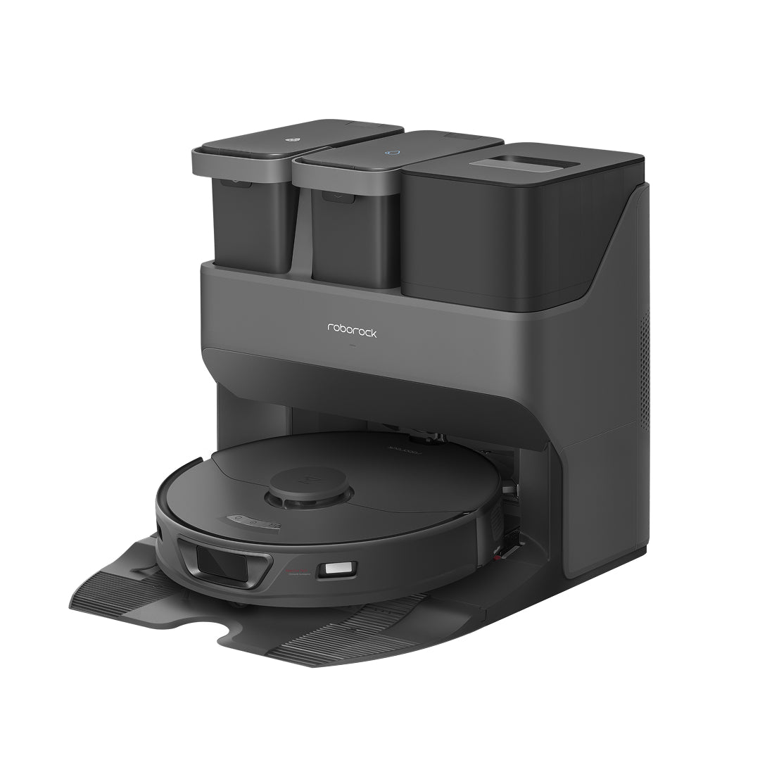 Black Roborock S7 Max Ultra robot vacuum and RockDock Ultra in an official clean-background manufacturer render.