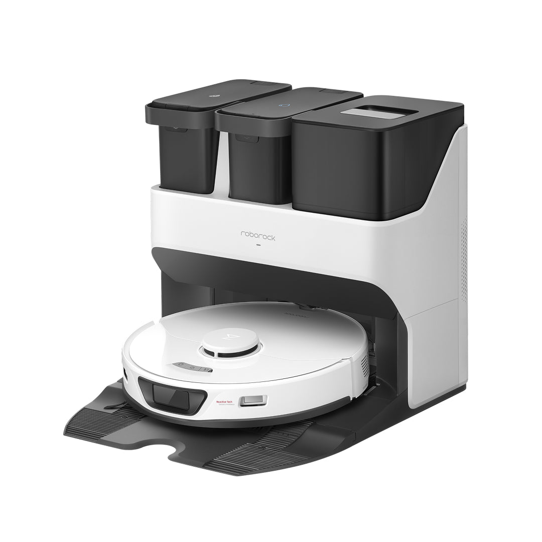 White Roborock S7 Max Ultra robot vacuum and RockDock Ultra in a clean-background official manufacturer render; it does not show an individual refurbished unit.