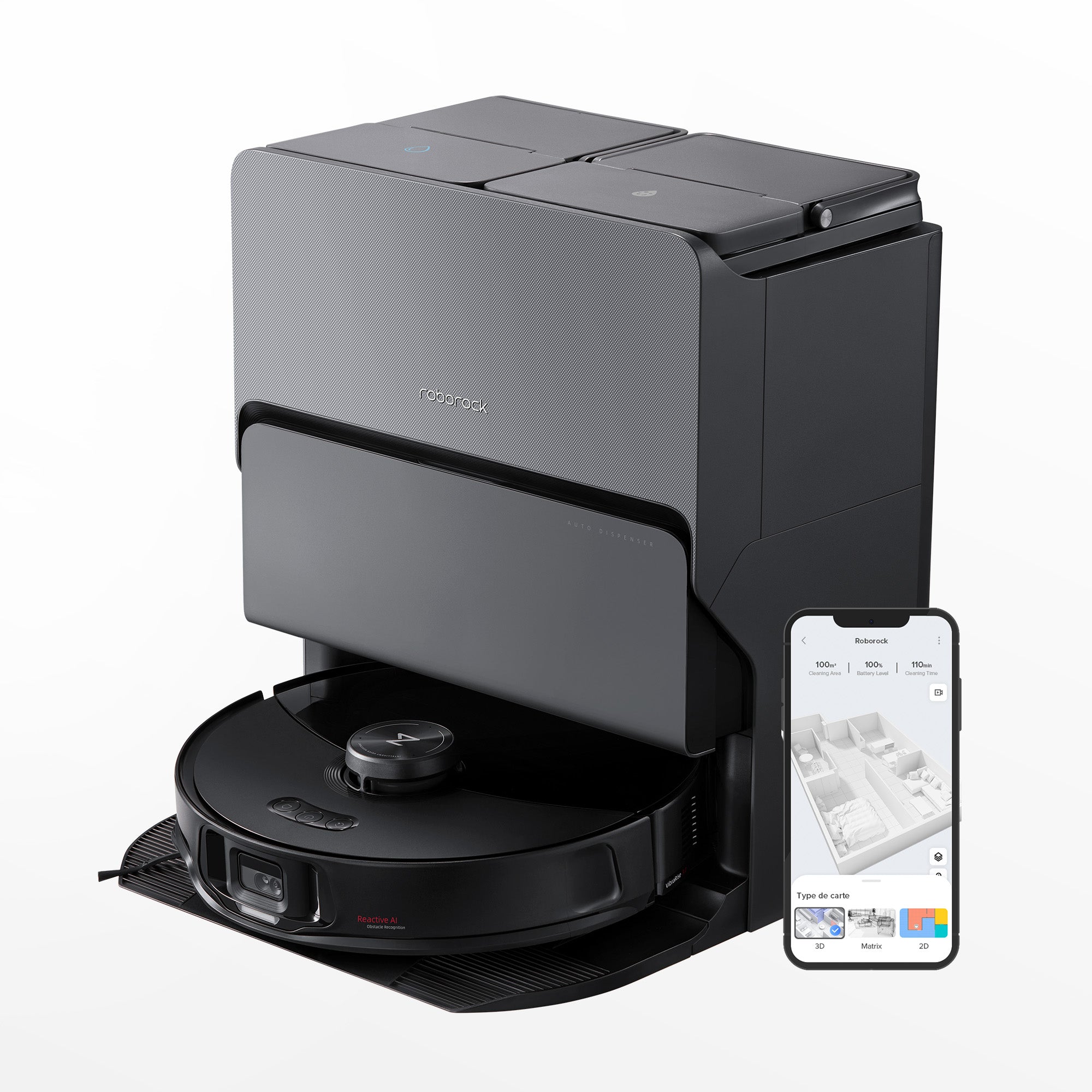 Black Roborock S8 MaxV Ultra robot with its matching dark RockDock Ultra and a phone/map graphic, shown in the maker’s studio render.