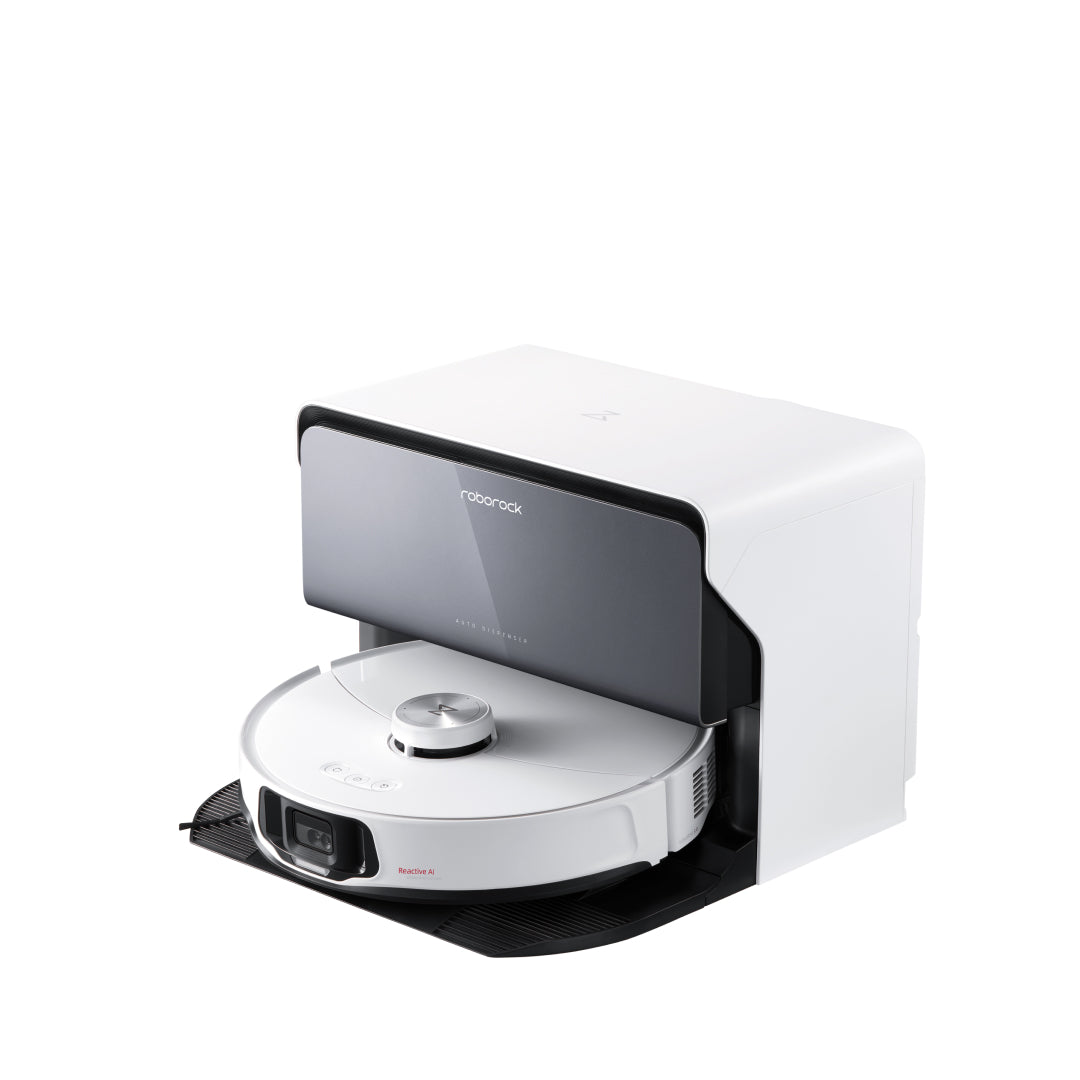 White Roborock S8 MaxV Ultra robot beside a white and black-front Refill & Drainage System dock in an official studio render.