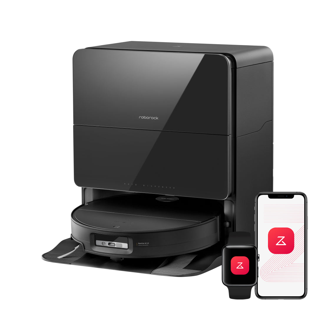 Black Roborock Saros 10 robot vacuum and matching RockDock Ultra with illustrative phone and watch graphics, shown in an official manufacturer render.