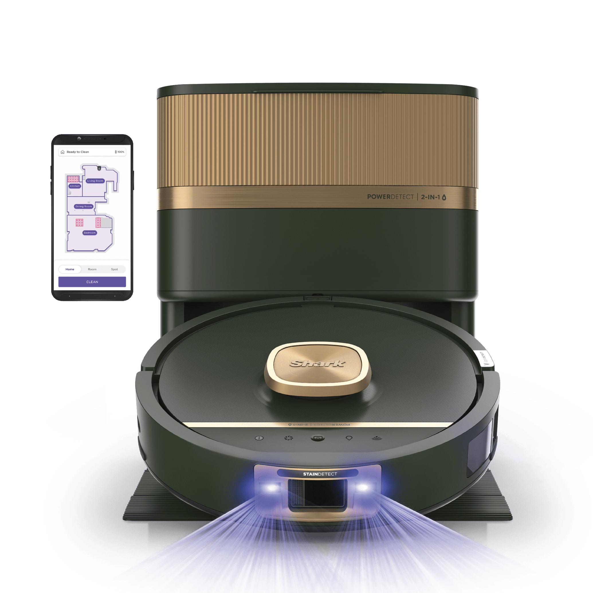Manufacturer-rendered Shark PowerDetect UV Reveal robot vacuum-mop and base in Evergreen